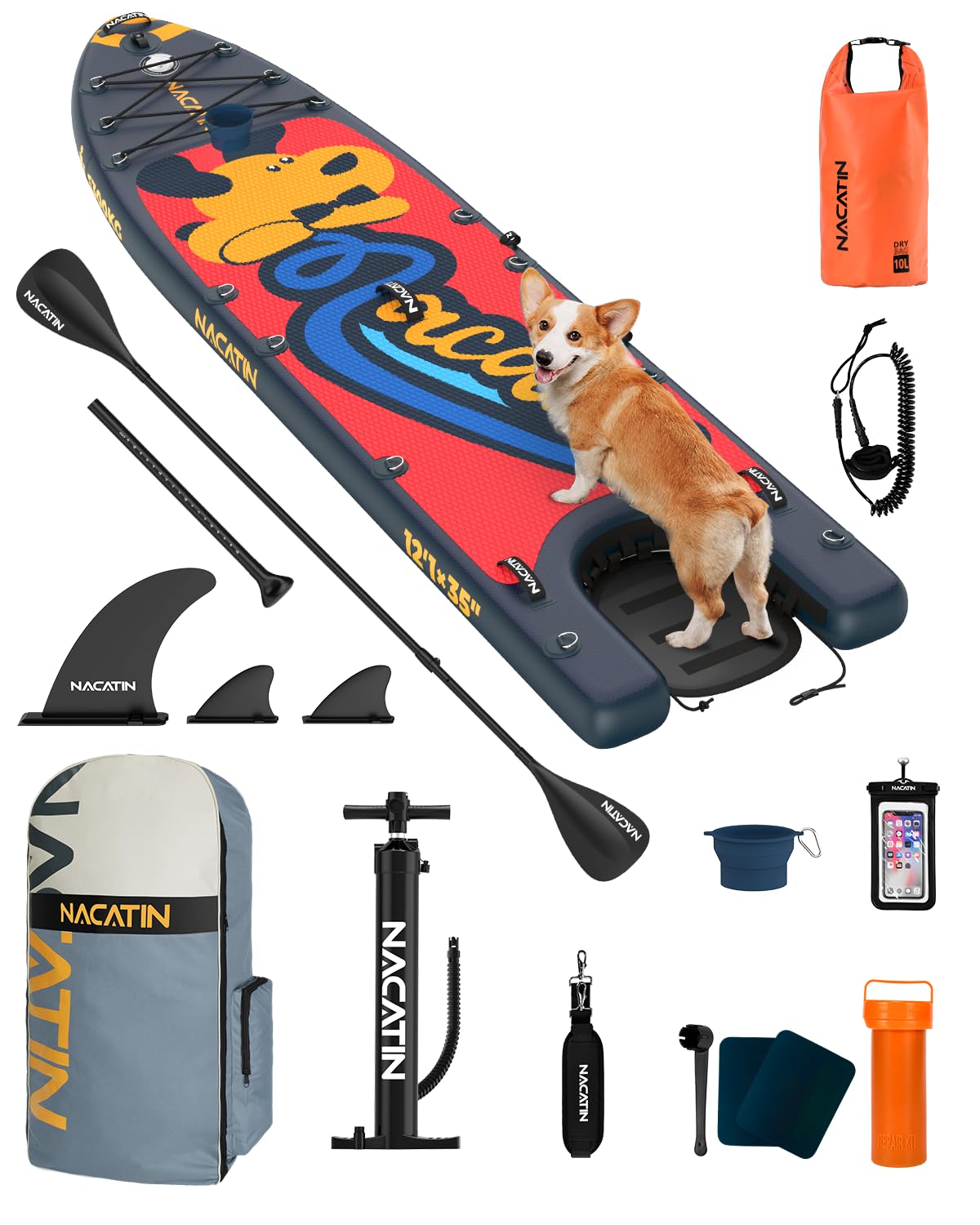 NACATIN Inflatable Stand Up Paddle Board - Premium SUP Board with Dog Ramp Kit, Complete SUP Set Paddle Boards for Adults with Single/Double Paddle, Backpack, Suitable for Paddle Boarding with Dog