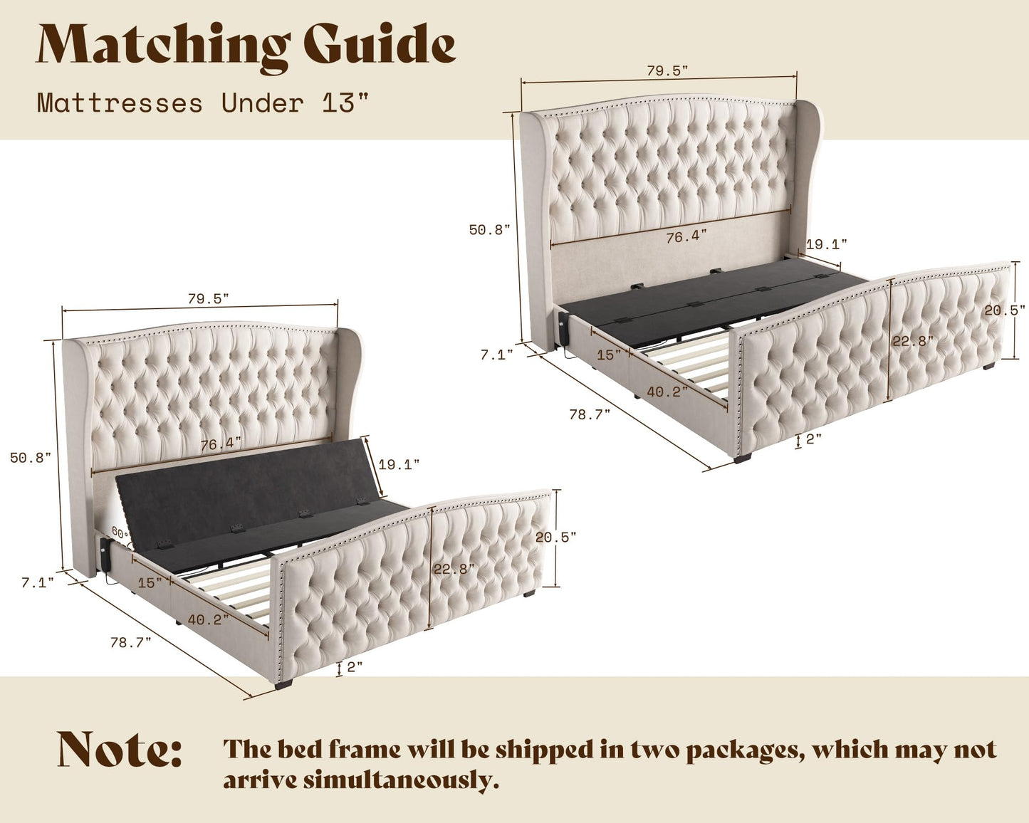 AMERLIFE King Size Adjustable Bed Frame with 51" H Velvet Upholstered and Deep Button Tufted Headboard, Electric Bed with Dual Motor/Nailhead Trim Wingback, No Box Spring Needed, Cream