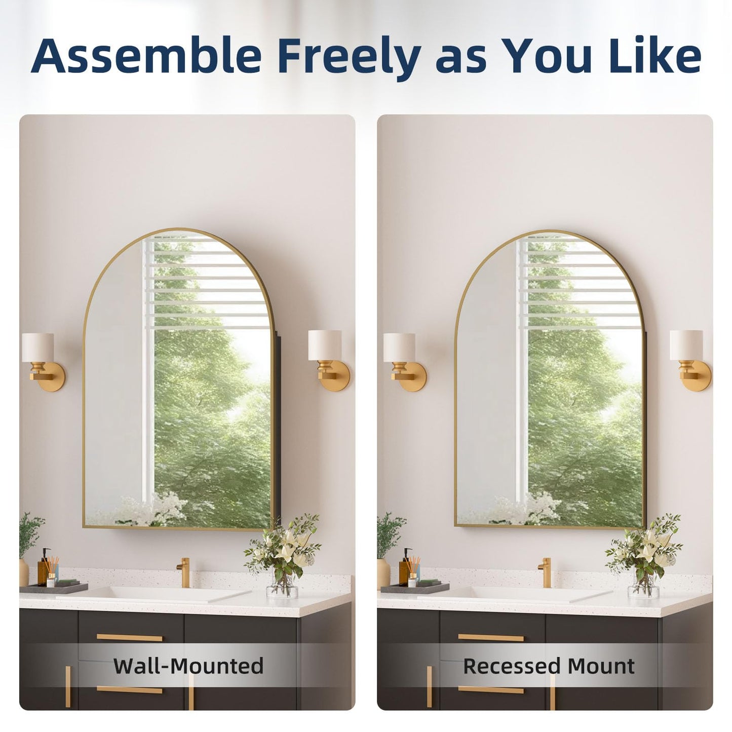 YTSMIR Medicine Cabinets for Bathroom, Gold Arched Medicine Cabinet Recessed or Surface Wall-Mounted,Modern Bathroom Vanity Mirror with Storage, Mirrored Cabinet with Adjustable Shelves,24x36 Inch