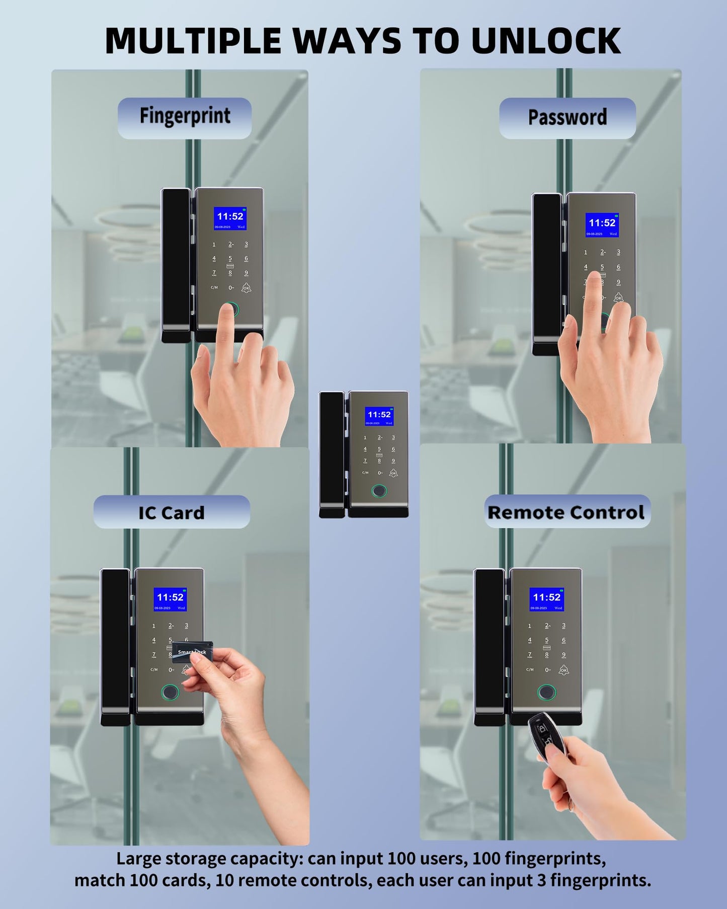 Smart Glass Door Lock,Perfiware 4in1 Biometric Fingerprint Glass Door Locks LG2315,2024 Drill-Free Keyless Entry Upgraded Door Locks,Great for Office,Home,Hotel,Apartment