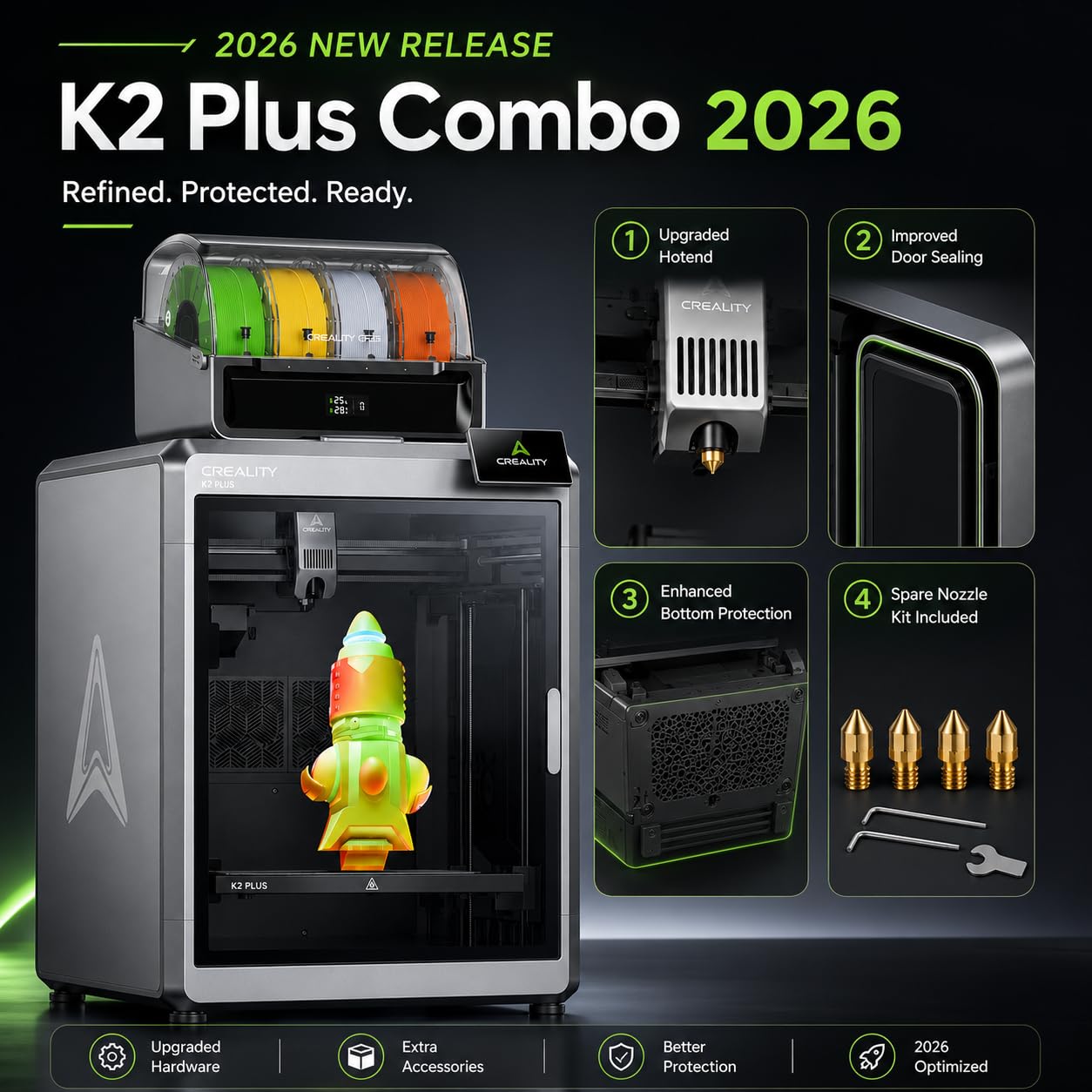 Creality K2 Plus Combo 3D Printer 2026 Upgraded Version, Multi Color Printing with CFS, 600mm/s Print Speed, Step-servo Motor System High-Temp Direct Drive Extruder Build Volume 13.78x13.78x13.78 inch
