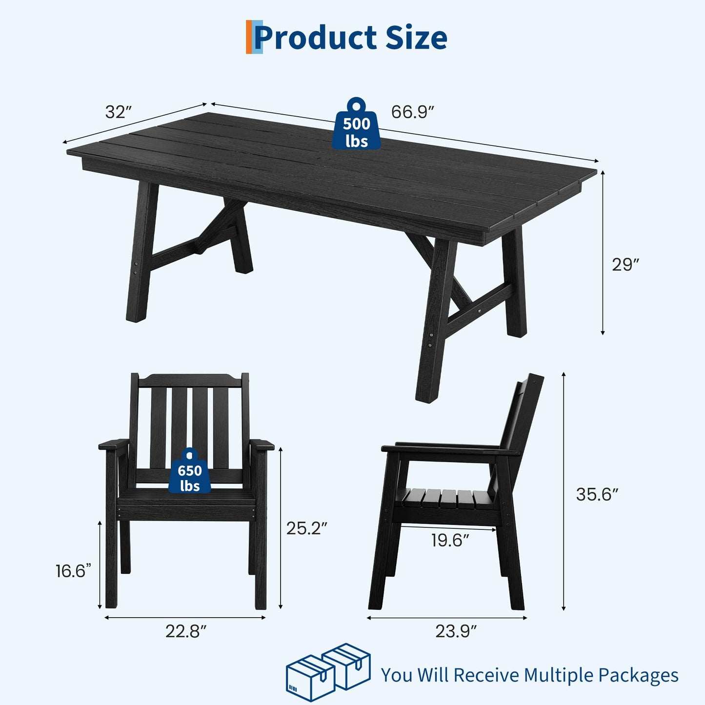 Garvee Outdoor Patio Dining Table Set for 6, 7 Piece Outdoor HDPE Dining Furniture Set with Umbrella Hole, Aluminum Frame, All-Weather Garden Table and 6 Chairs for Backyard Poolside, Black