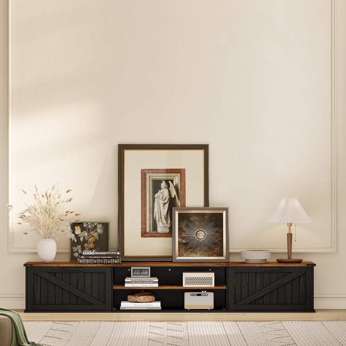 70" Farmhouse Floating TV Stand for TVs up to 90", 2-Tier Floating Entertainment Center with Flip Doors, Floating tv shelf with Storage, Wall Mounted TV Console for Living Room, Bedroom, Black