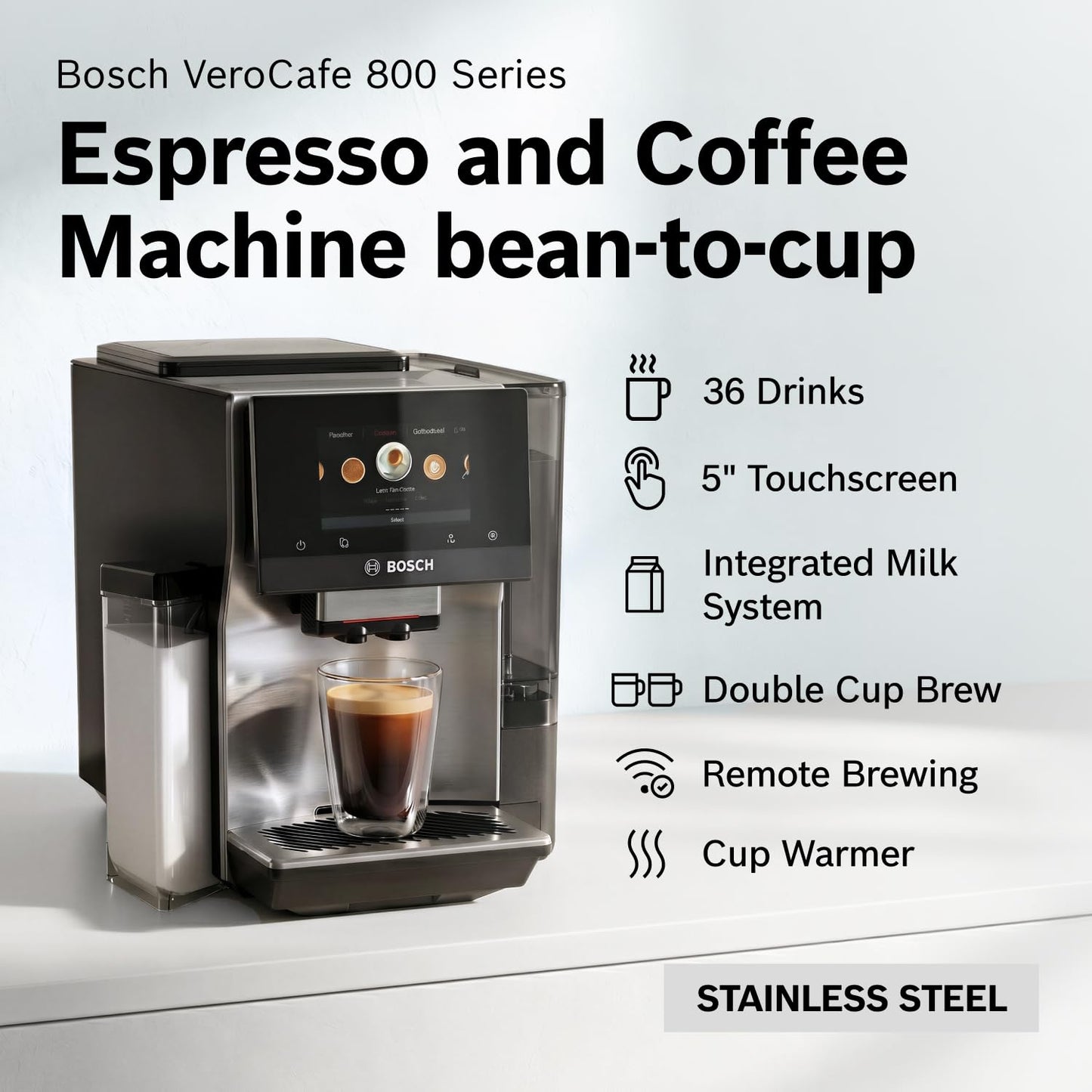 Bosch Fully Automatic Coffee and Espresso Machine - 36 Drinks, Double Cup Barista Style Super Coffee Maker - Touchscreen, Large Bean Capacity - Easy Clean, Maintenance - Stainless Steel - TQU60703