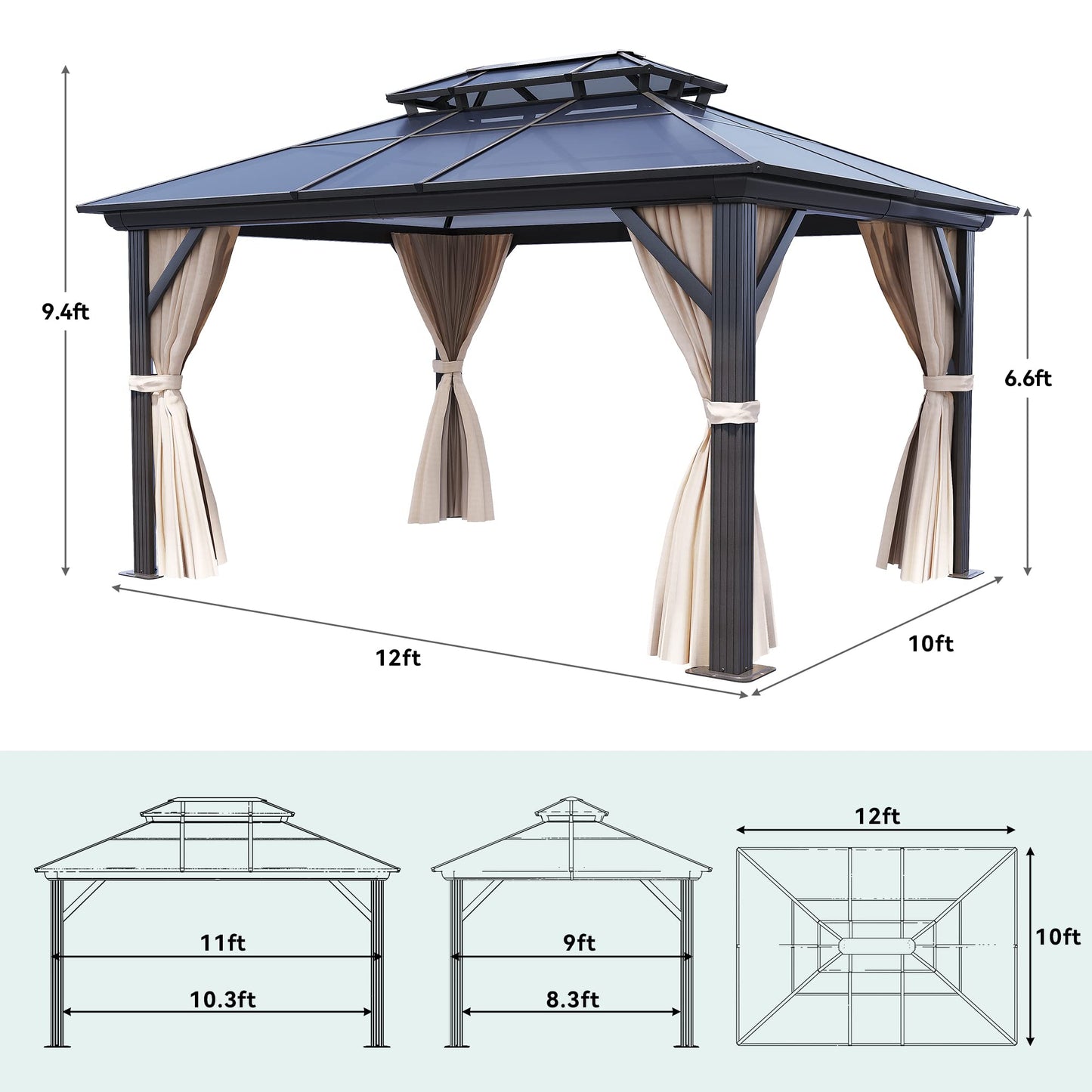 YITAHOME 10x12FT Hard-Top Double Roof Gazebo Canopy Outdoor with Netting and Shaded Curtains, Aluminum Frame Polycarbonate Hardtop Garden Tent for Patio, Backyard, Deck and Lawns, Brown