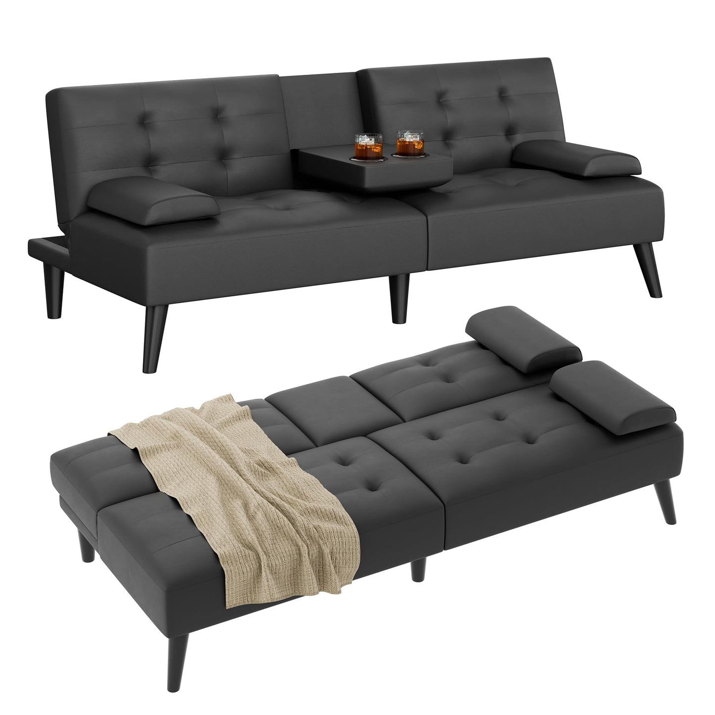 Shintenchi Futon Sofa Bed, Leather Foldable Futon Couch, Reclining Sleeper with Removable Armrests, Upholstered Loveseat Sofa Couch with Folding Cup Holders for Home, Office(Black)