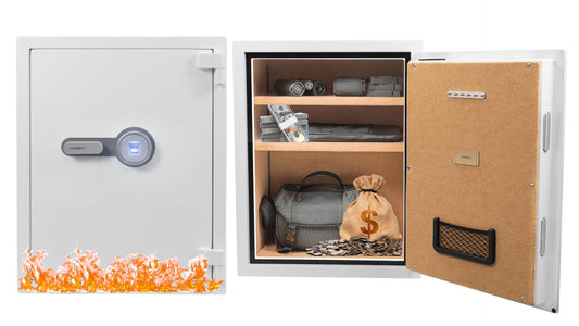 Barska 4.48 Cu. Ft. Biometric Fireproof Safe – White Fingerprint Security Safe 100-User Memory, Fire Rating 30 Min @ 1200°F, Steel Locking Bolts, Key Hooks & Carpeted Interior Fire Safe Jewelry