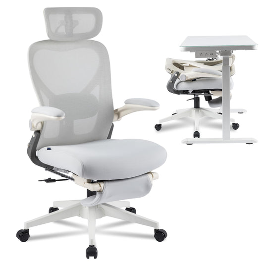 FLEXISPOT Foldex Ergonomic Office Chair, Folding Chair for Small Spaces with Lumbar Support, Flip-up Armrests, 3D Headrest, Desk Chairs with Footrest for Work,Video Game (Foam Seat, Grey)