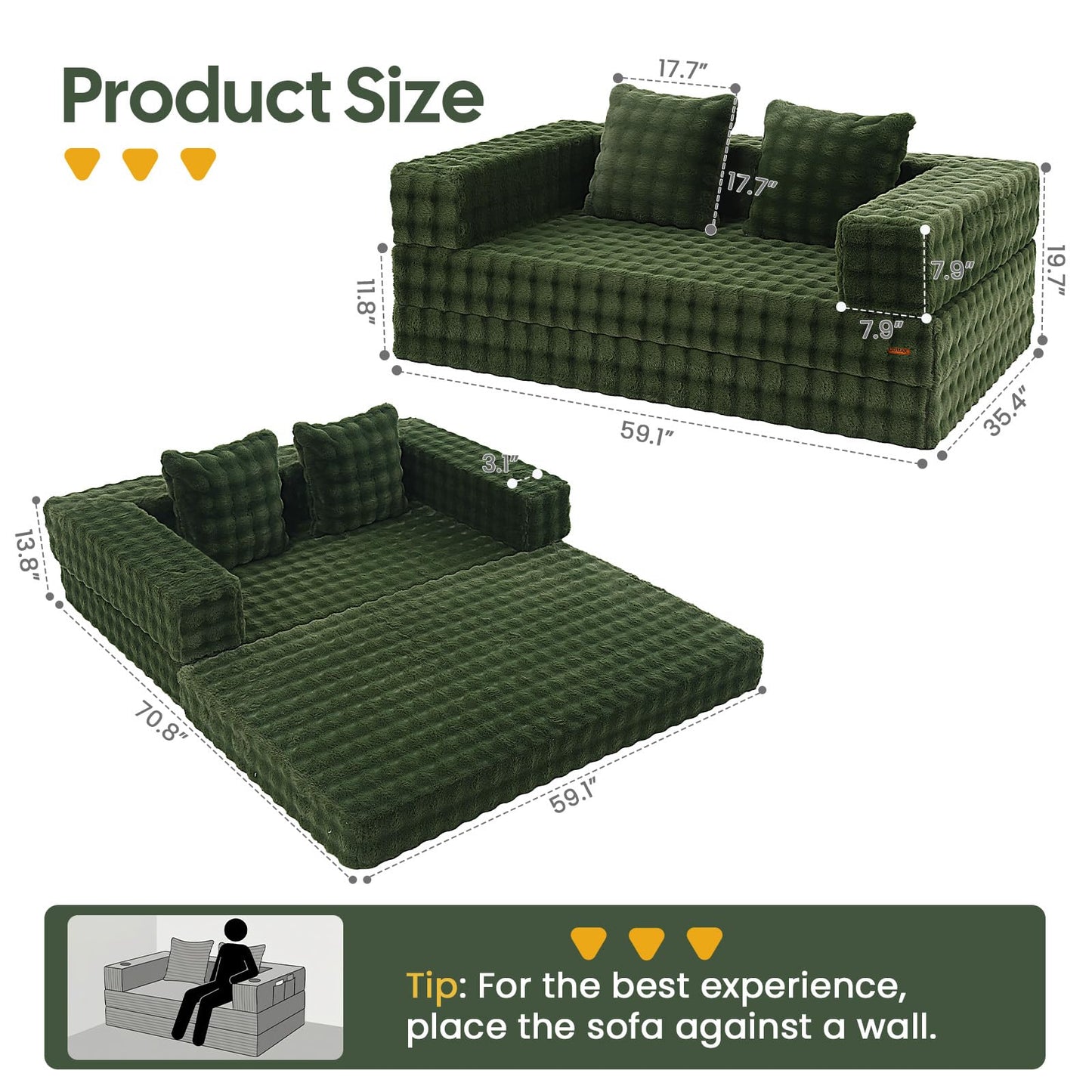 COMAX Futon Sofa Bed, 4‑in‑1 Convertible Sofa Bed, Folding Boneless Couches for Living Room, Fold Out Small Foldable Loveseat Floor Sleeper Comfy Mattress Lounge Space‑Saving, Classic Green