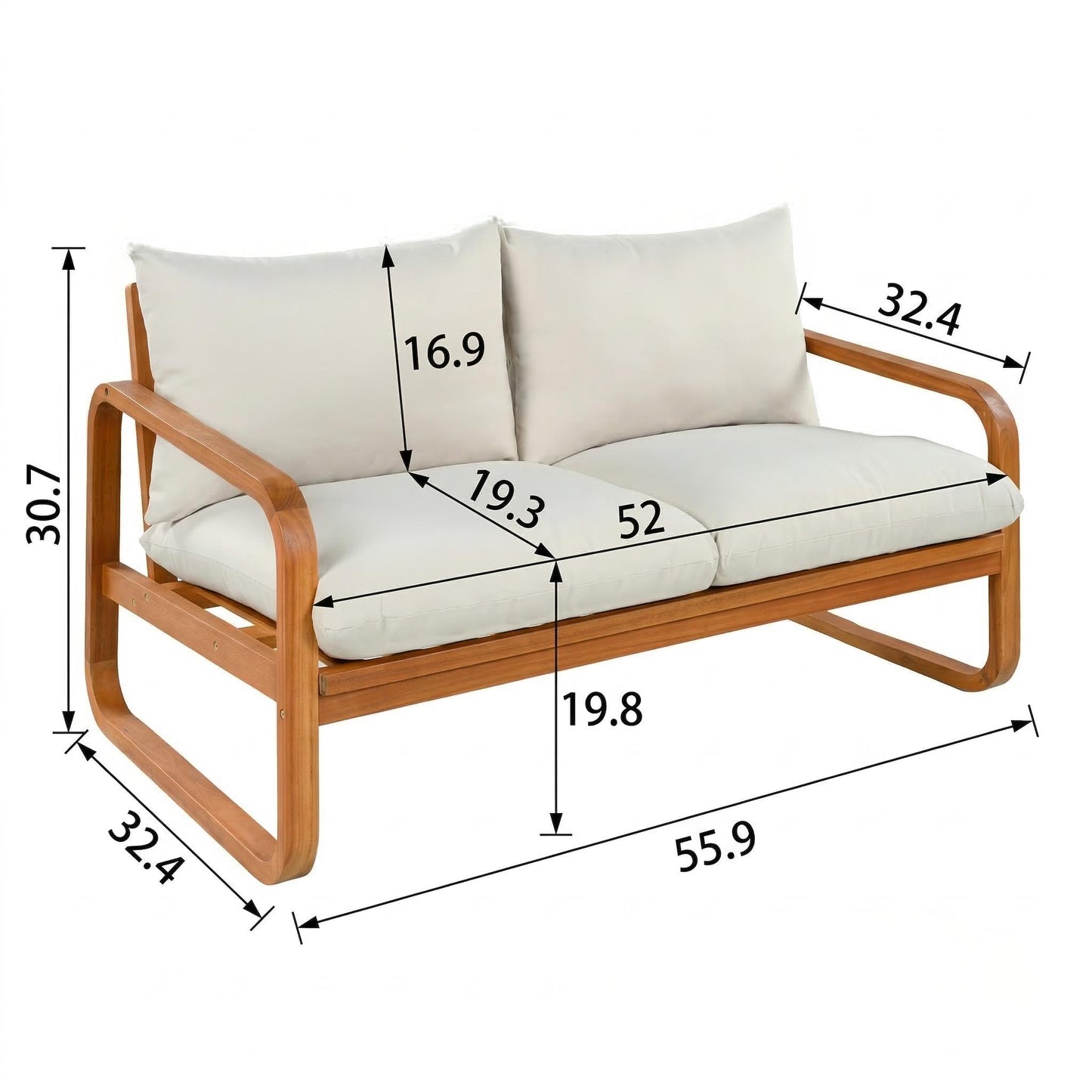 Merax Outdoor 4-Piece Acacia Wood Conversation Set - Patio 2-Seat Loveseat Sofa w/Cushion, 2 Armchair and Square Coffee Table for Backyard, Lawn, Balcony, Beige + Natural