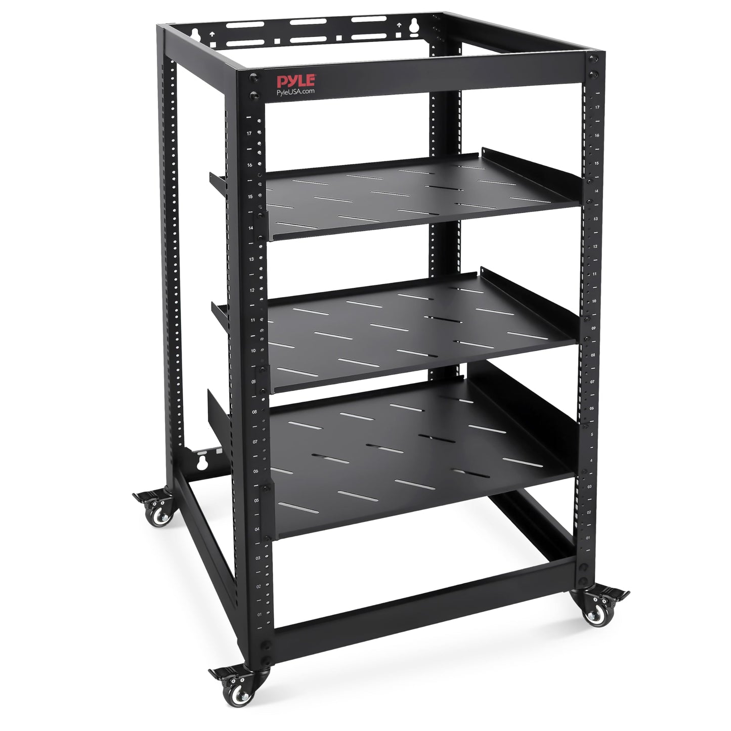 Pyle 20U Open Frame Server Rack - Wall Mount Network Rack for Servers, Networking & AV Gear - Heavy-Duty 19" Equipment, Includes 1U & 2U Vented Shelves for Airflow, Lockable Wheels - 440 lbs Capacity