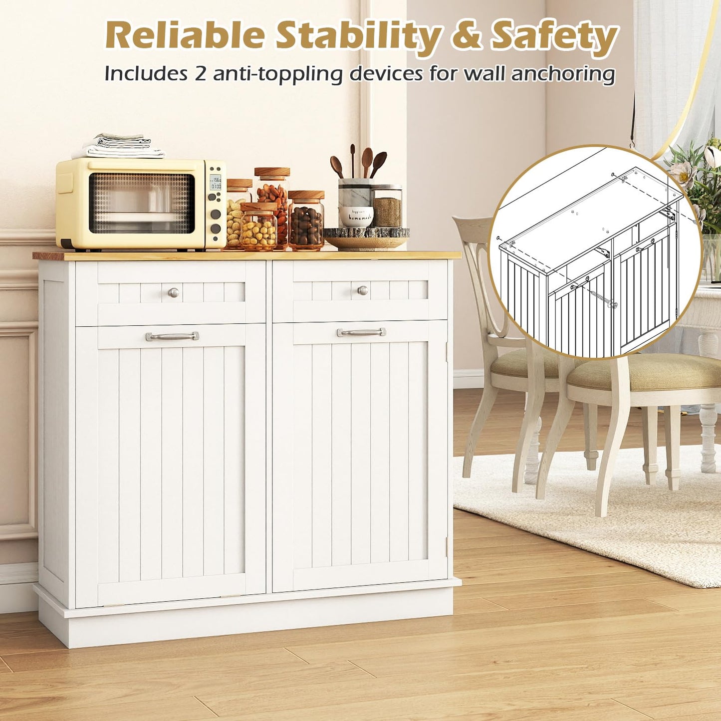 Giantex Tilt Out Trash Can Cabinet, Kitchen Island Table w/Solid Wood Top, 2 Drawers, Adjustable Shelf for Hidden Laundry Hamper, Pet Proof Garbage Can for Dining Living Room (White, 14.5 Gal)
