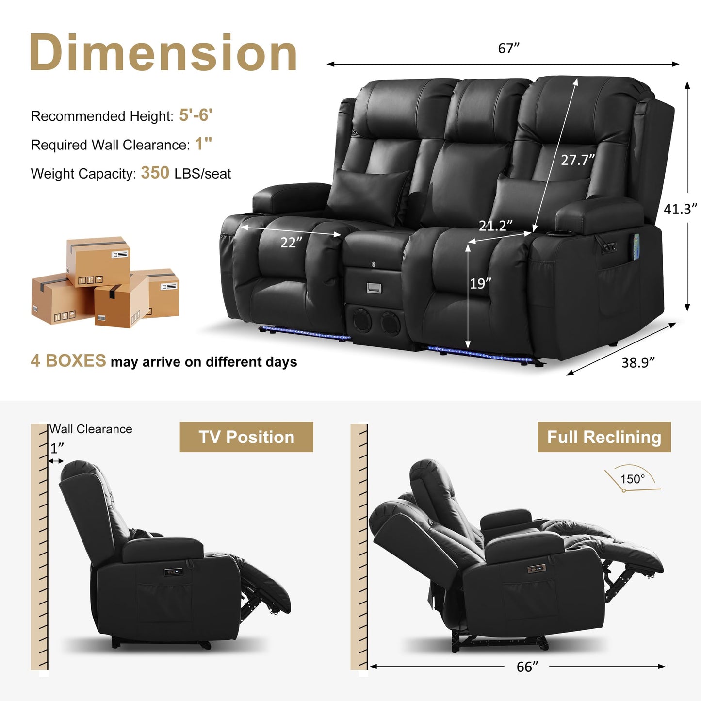 URRED Power Loveseat Recliner Sofa with Massage and Heat, Wall Hugger Reclining Loveseat with Console, RV Couch Home Theater Seating with LED Lights for Living Room (Black, 67" - 2 Seats)