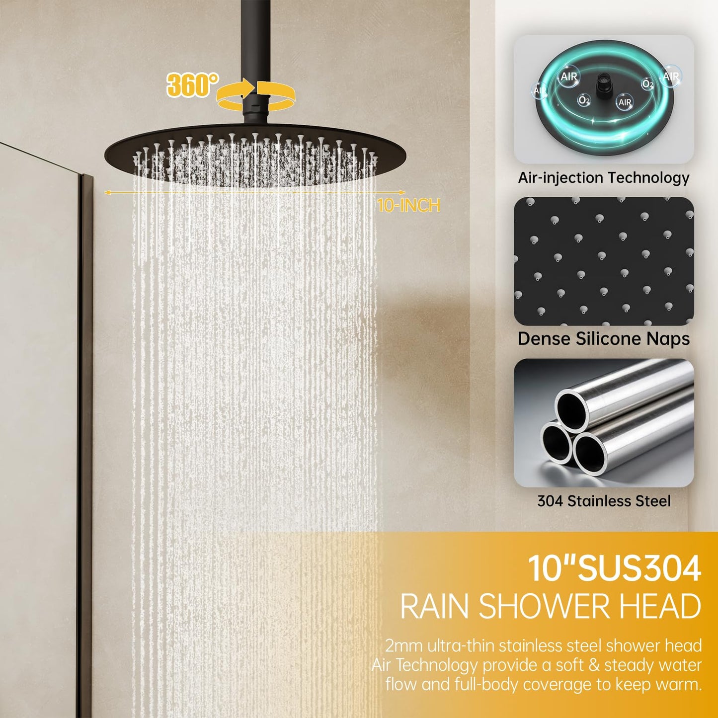BESy Shower Faucet Set 10 Inch Round Ceiling Mount Rainfall Shower System with 6 Inch Wall Mount Dual Rain Shower Head Push Button Diverter with 2 in 1 Handheld Showerhead for Bathroom Matte Black