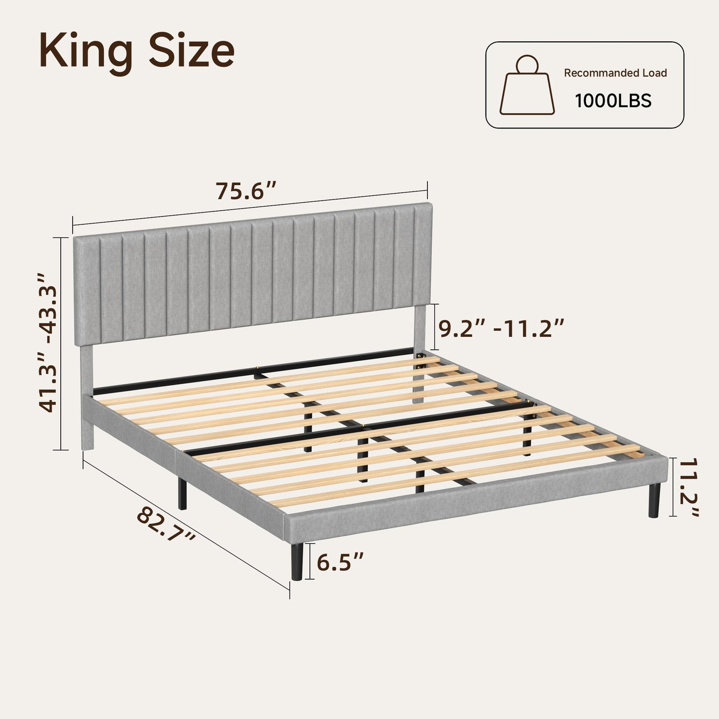 Mxhtcewz King Size Platform Bed Frame with Vertical Channel Tufted Headboard, No Box Spring Needed, Noise-Free, Easy Assembly, Light Grey Linen