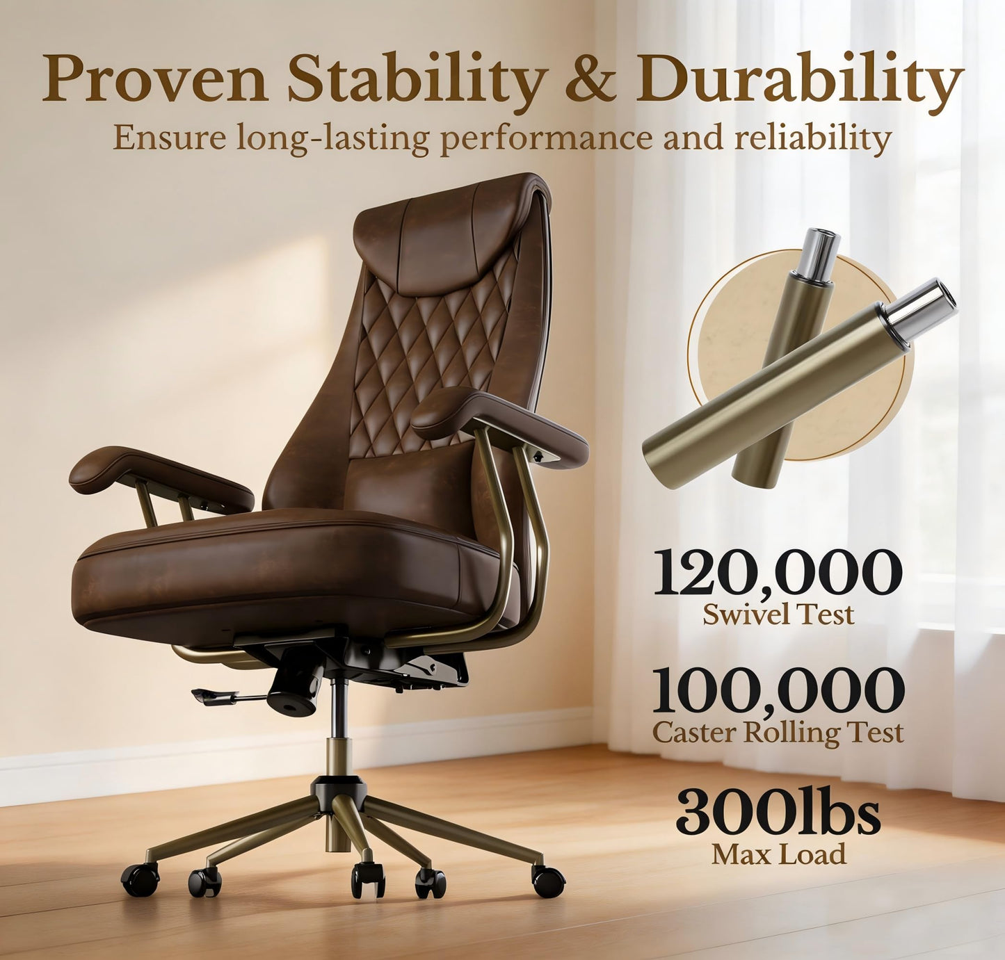 Executive Office Chair, High Back Ergonomic PU Leather Desk Chair with Integrated Headrest & Lumbar Support, Adjustable Reclining Swivel Computer Chair for Home Office, Brown