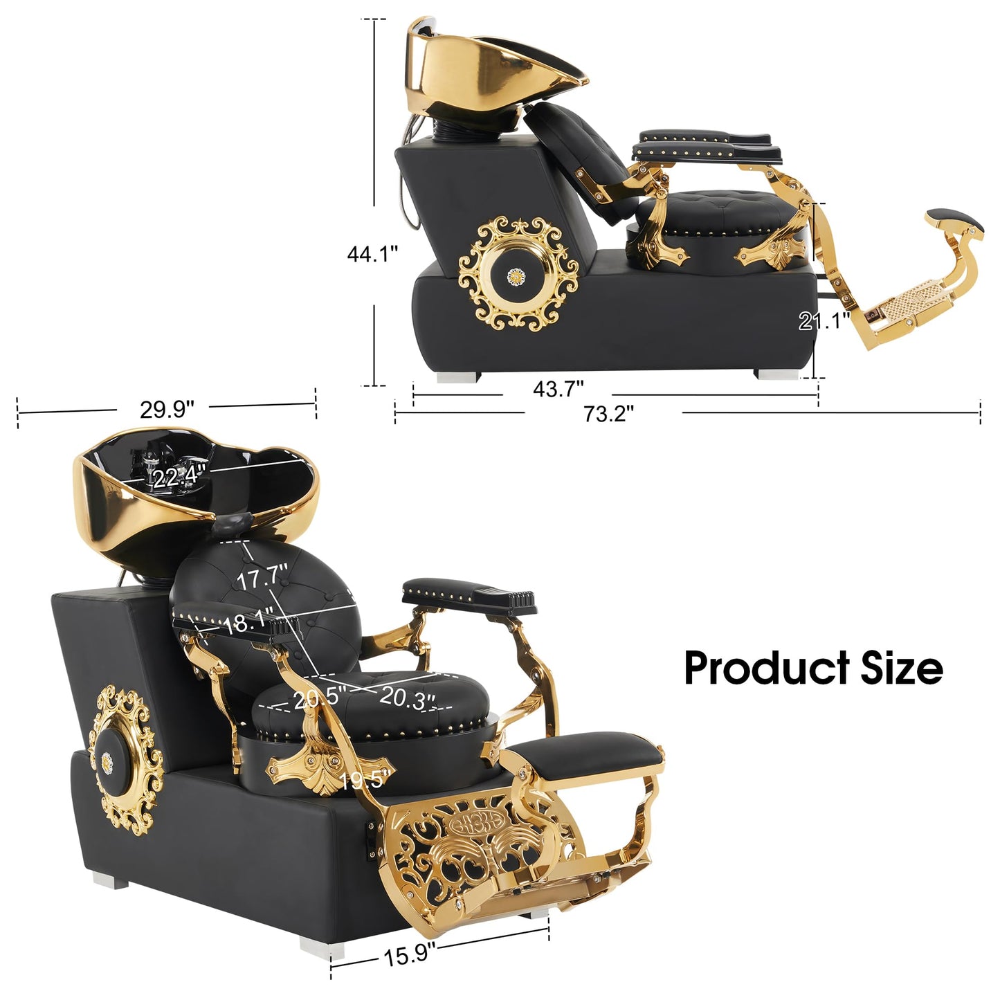 BarberPub Backwash Shampoo Station Chair, Retro Adjustable Porcelain Ceramic Hair Wash Bowl Unit Station, Shampoo Barber Chair with Vacuum Breaker for Spa Beauty Salon 8610 (Black&Gold)