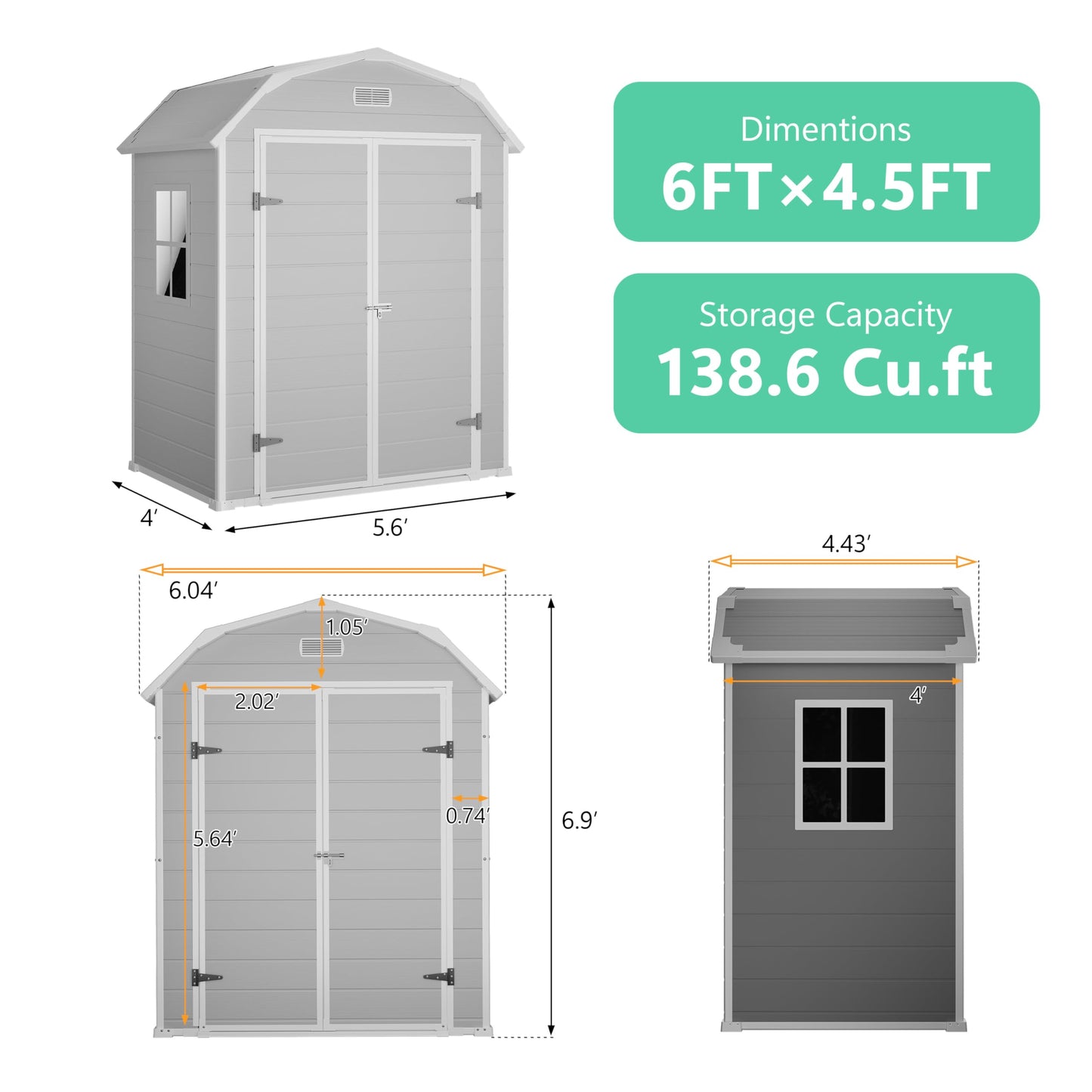 Shed, 6x4.5 ft Resin Storage Shed for Backyard, Durable All-Weather Storage and Sheds & Outdoor Storage, Large Outdoor Storage Box Style Outdoor Shed, Garden Resin Building, Grey