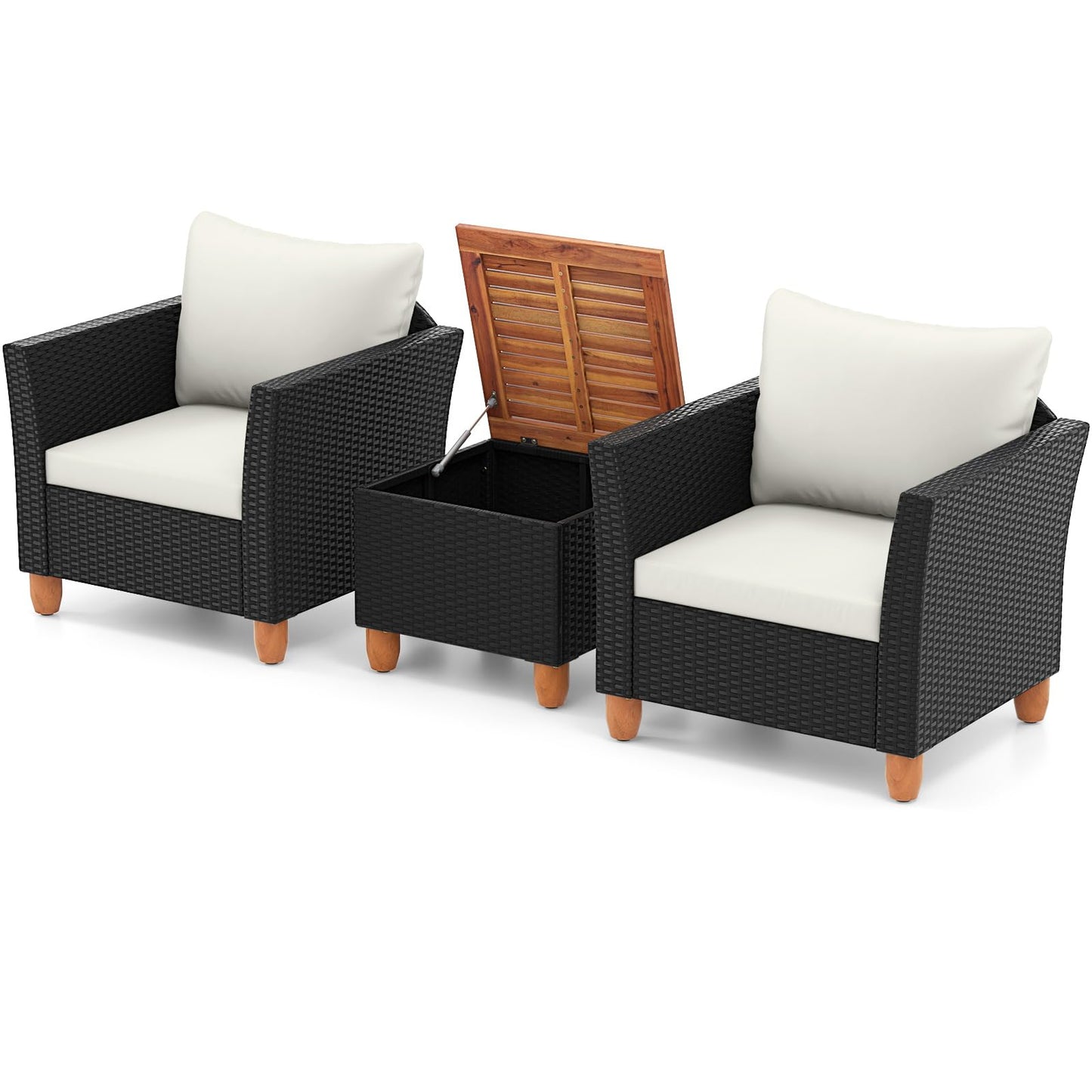 Tangkula 3 Pieces Patio Porch Furniture Set, PE Rattan Wicker Chair Conversation Set with Cushions and Storage Table, Outdoor Acacia Wood Bistro Set for Garden, Poolside (White)