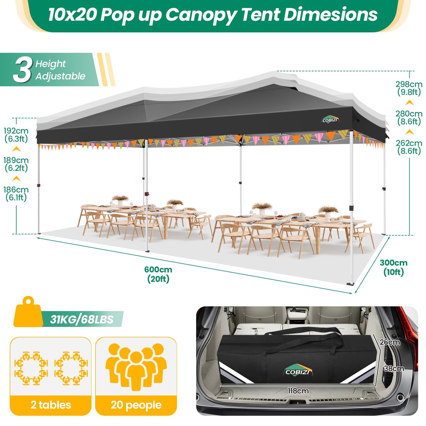COBIZI Canopy 10x20 Pop Up Canopy Tent with 6 Sidewalls, One Push Party Tents for Parties Outdoor Wedding Waterproof Gazebo Commercial Event Tent with Sandbags, Black