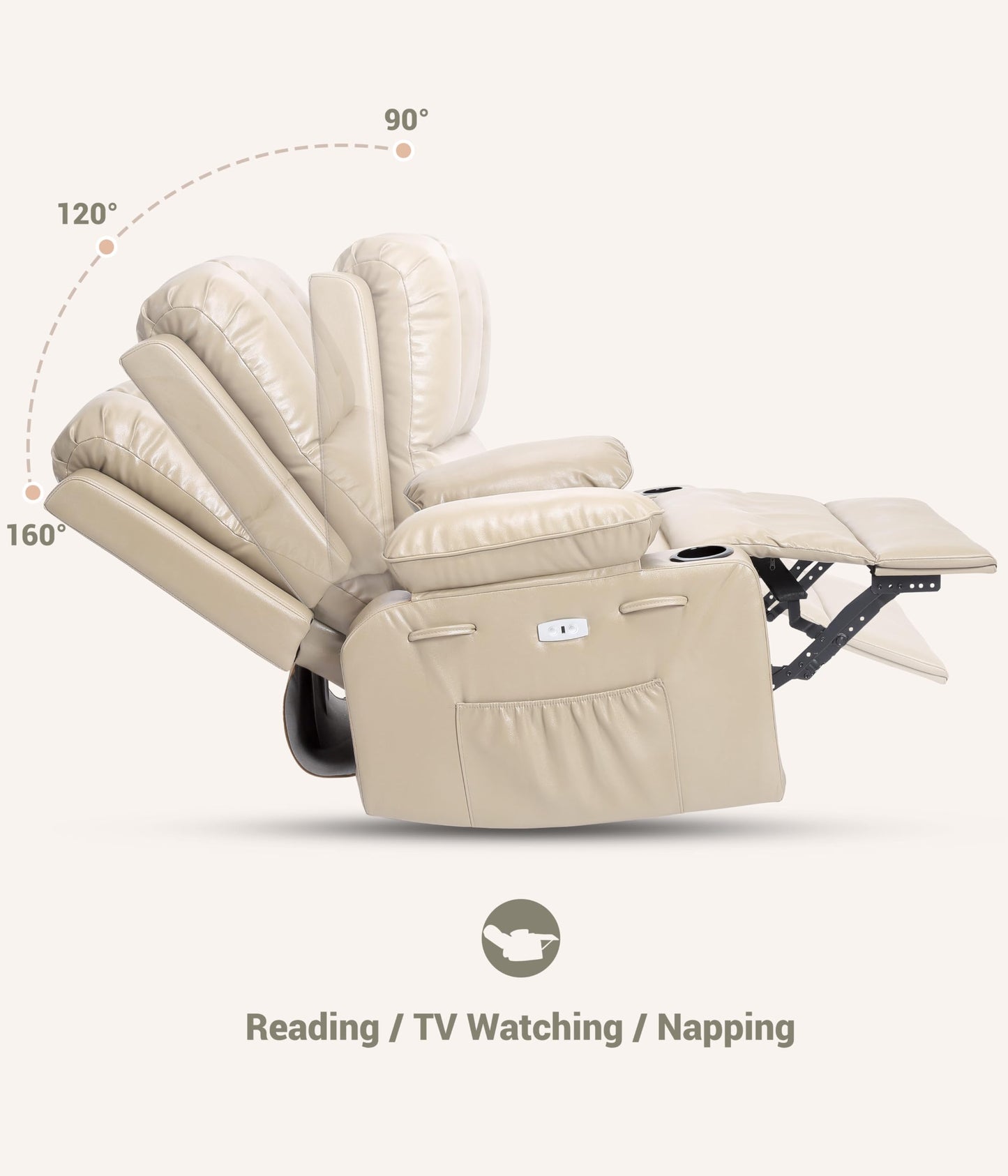 Patikuin Oversized Electric Recliner Chair for Living Room – PU Leather Swivel Rocker with Heat & Massage, 360° Rotating Base, Wide Seat, USB Port, Cup Holders, Side Pocket – Beige