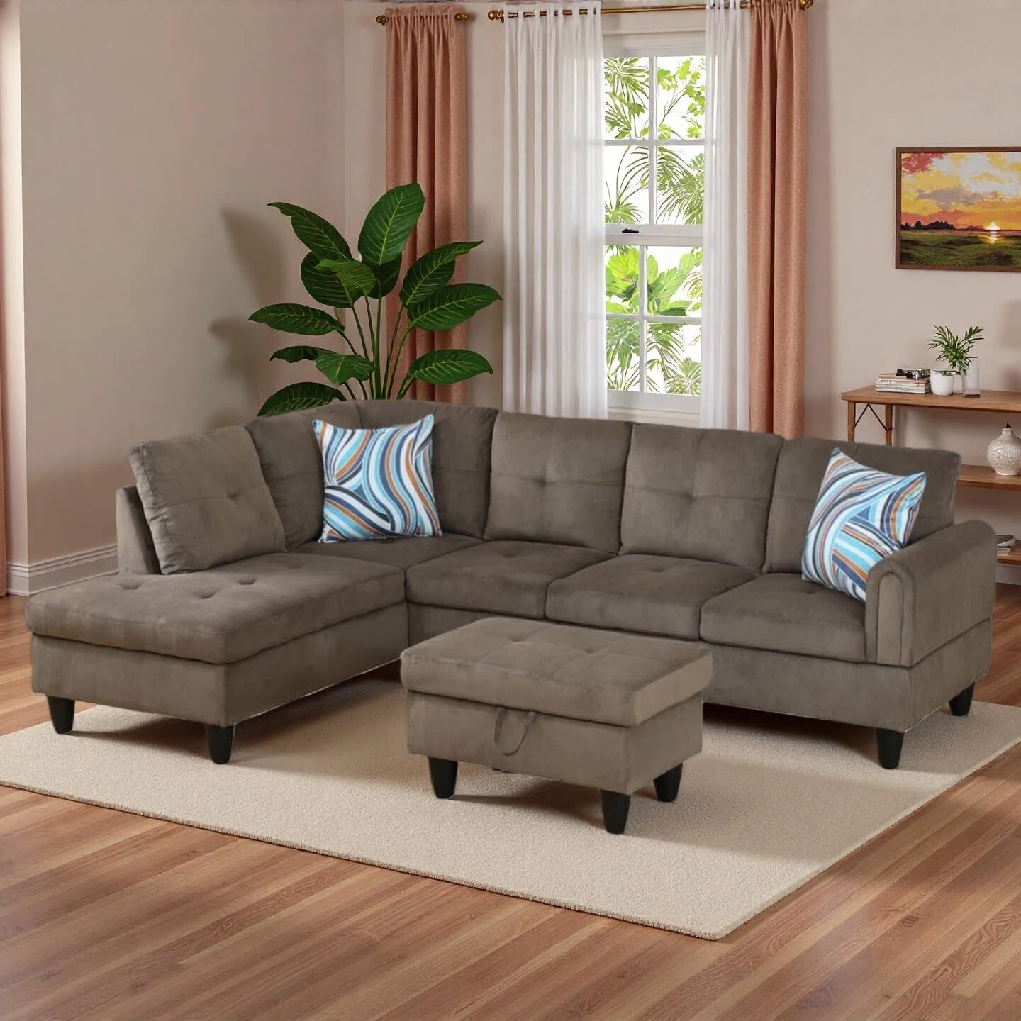 Trygoal L-Shaped Sectional Sofa with Movable Chaise & Storage Ottoman, Lounge 3-Piece Modular Convertible Couches for Living Room, Apartment & Office, Taupe