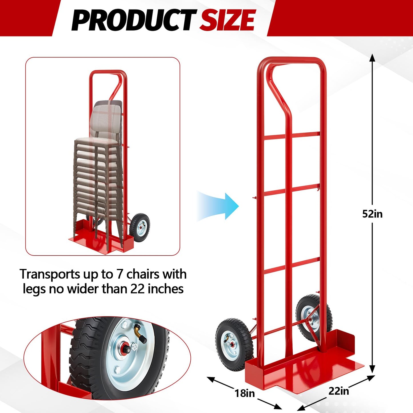 Datanly 52'' x 22'' x 18'' Heavy Duty Stack Chair Dolly Banquet Chair Dolly Cart Holds 7 Chairs Oversized Rubber Wheels for Easy to Load and Unload for Party Event Rental Furniture(Red)