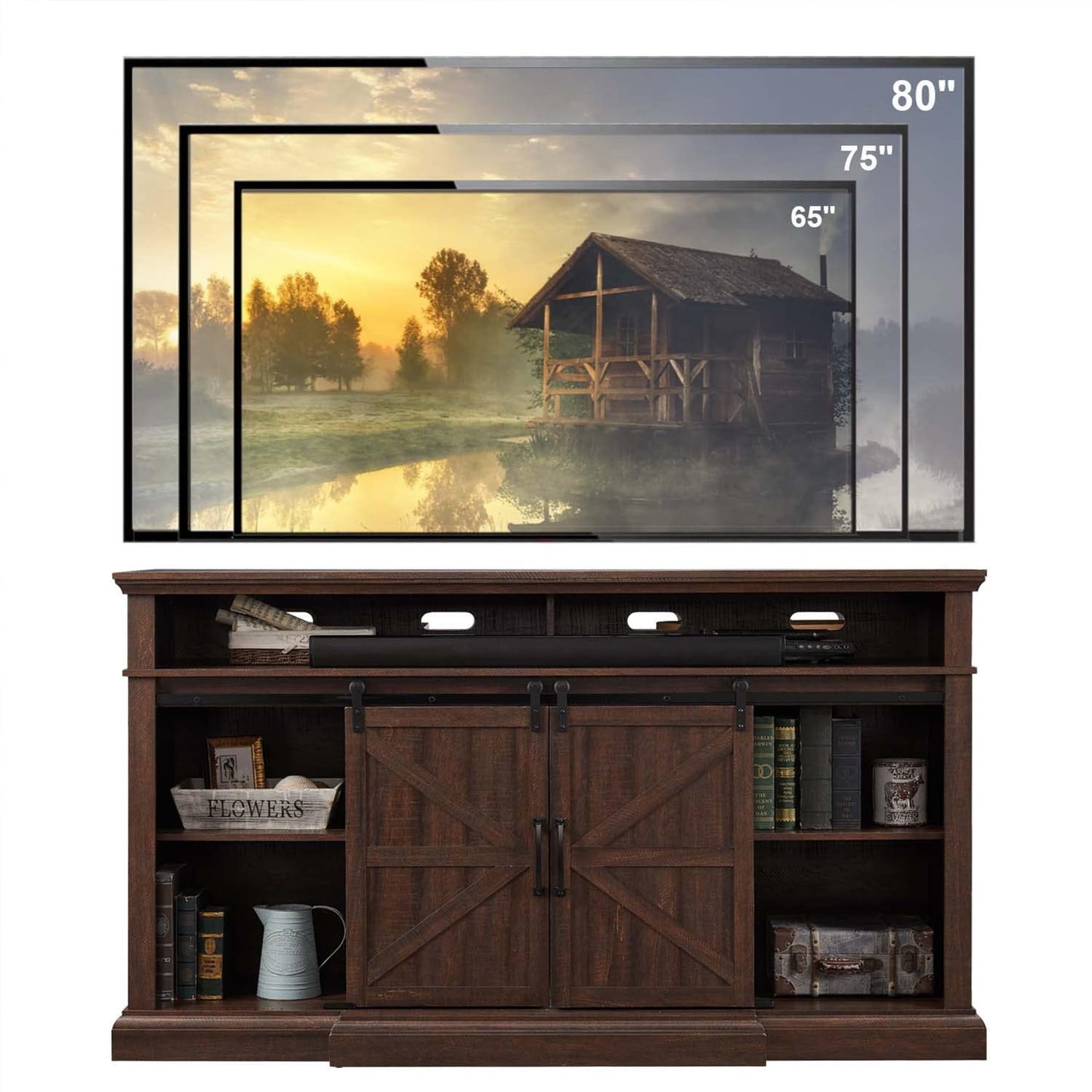 Farmhouse TV Stand for 80 Inch TVs, 37.4"Tall Entertainment Center w/Storage Cabinets and Sliding Barn Door, Media Console Cabinet w/Soundbar & Adjustable Shelves for Living Room, 70 inch (Brown)