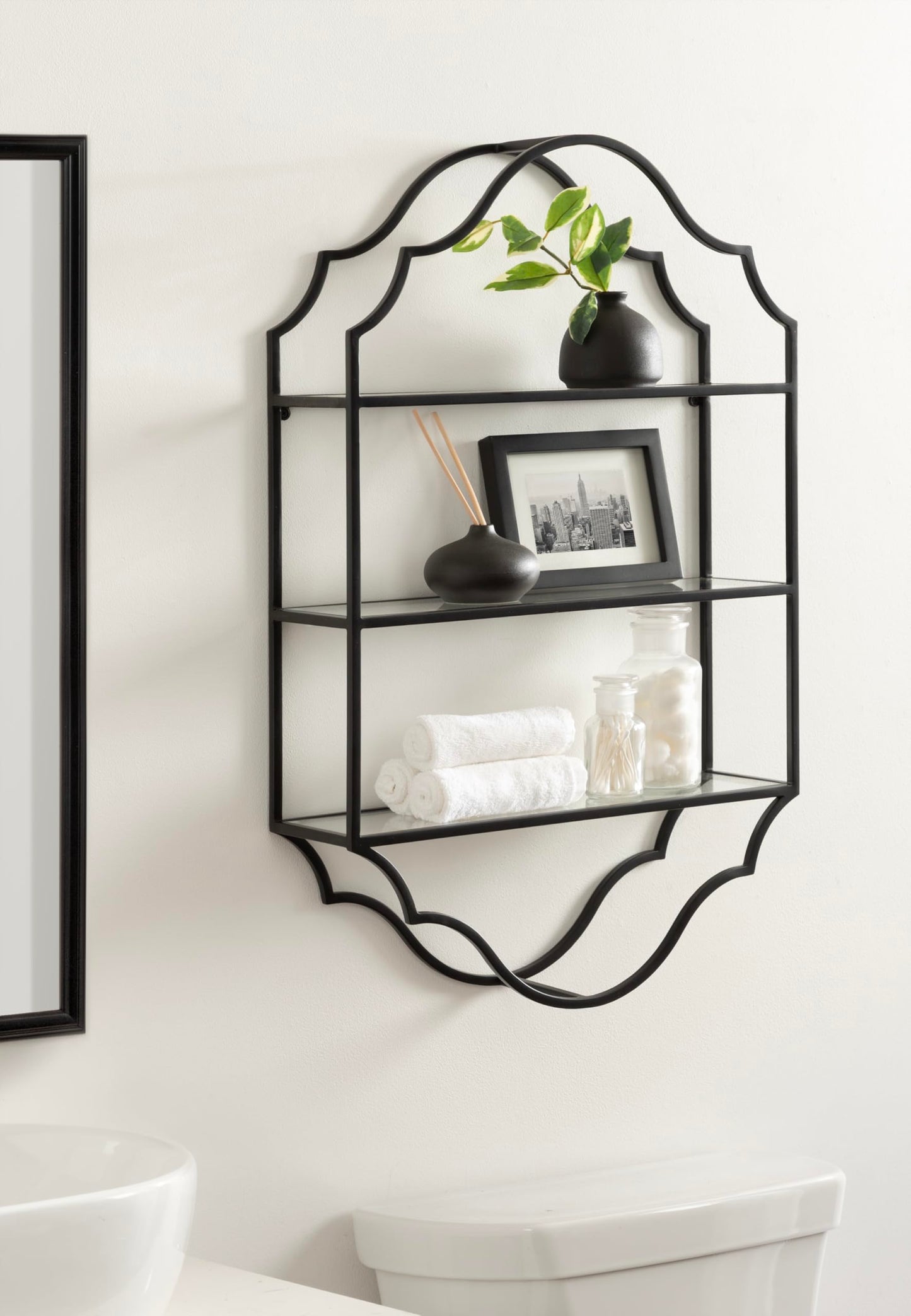 Kate and Laurel Leanna Glam Scalloped Three-Tiered Wall Shelf, 20 x 6 x 32, Black, Decorative Floating Shelf Storage and Wall Organizer for Bathroom Over Toilet Storage or Display