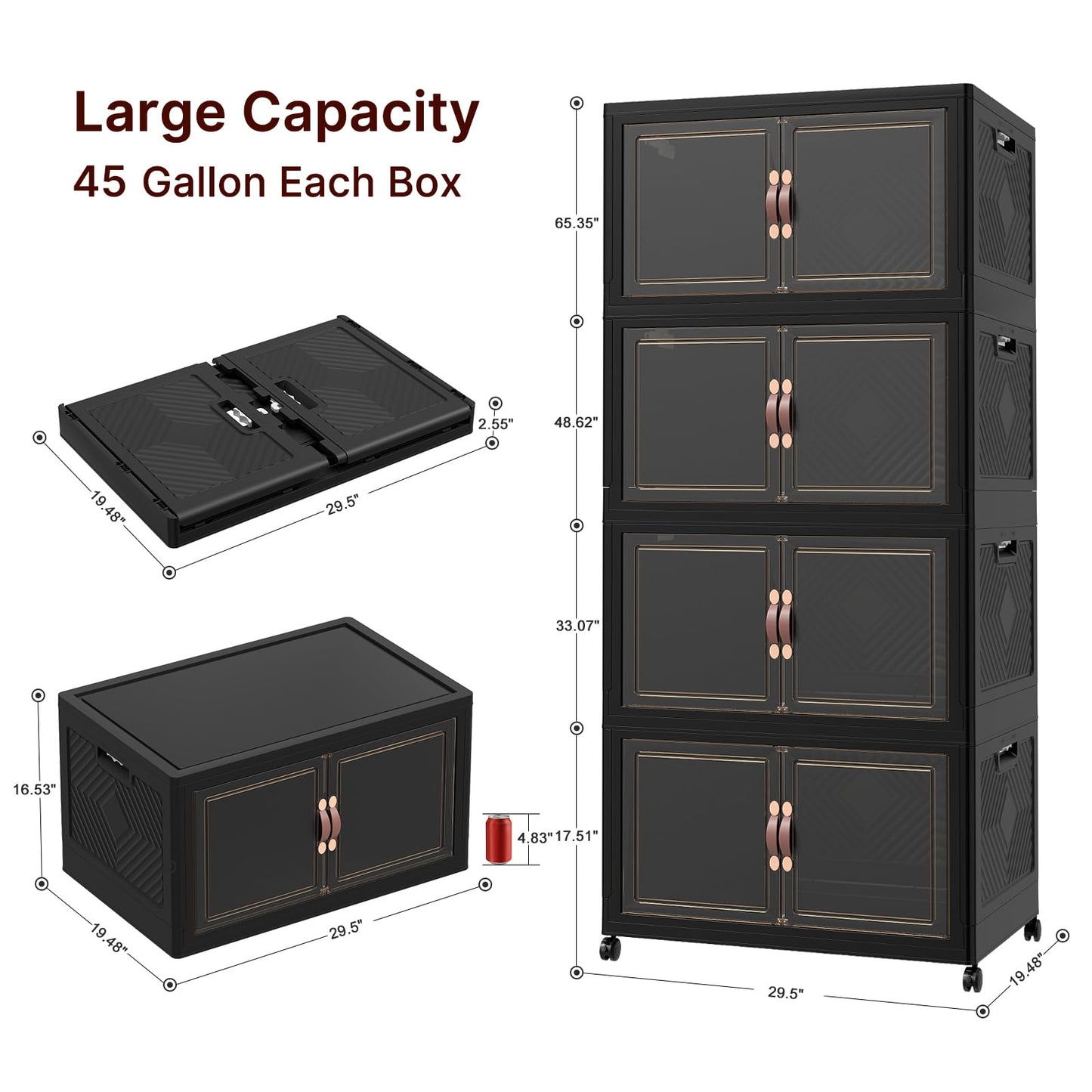 UAMFURI Stackable Storage Bins with Lids, 1440QT Lockable Storage Cabinet，Foldable Storage Box with Doors and Wheels, Plastic Drawers for Home, Garage, Office (8, Black, Extra Large)