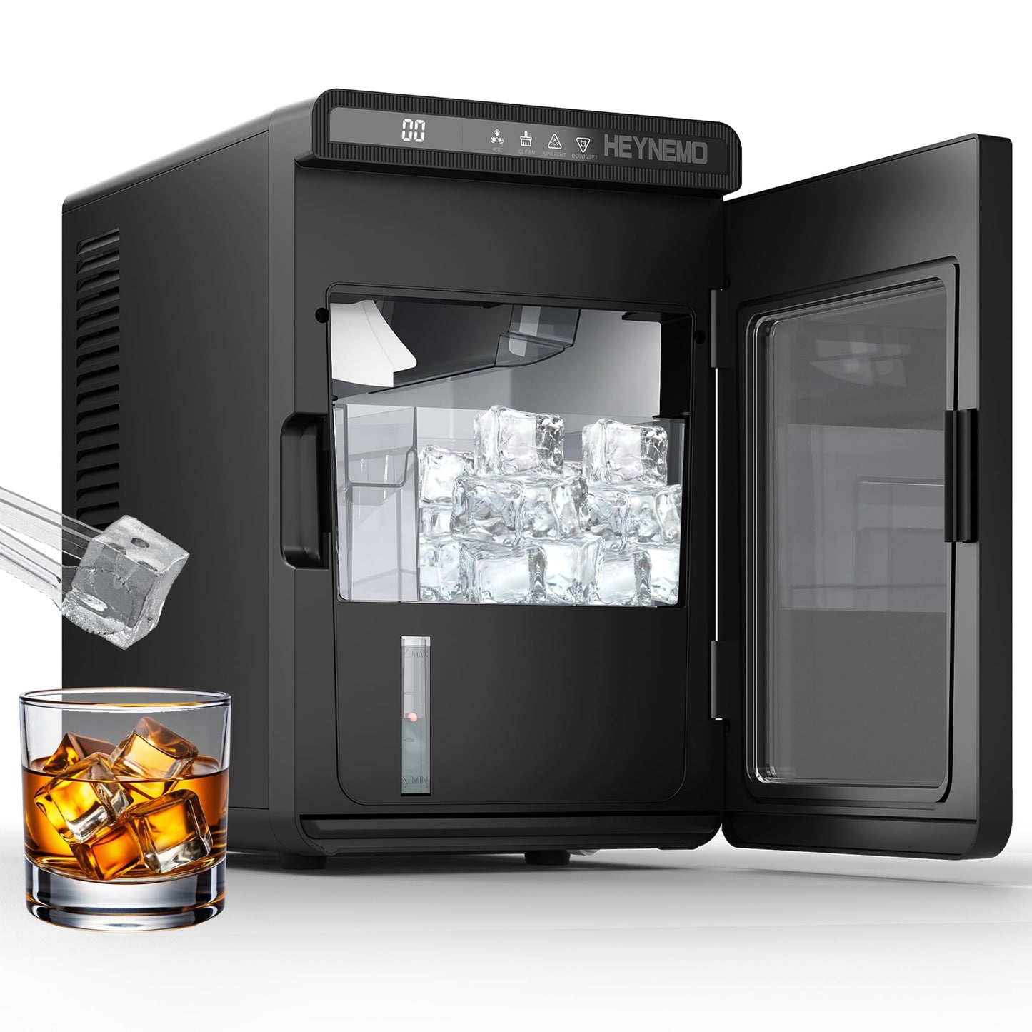 HEYNEMO Clear Ice Maker – Compact Countertop Ice Machine with 1.6" Square Ice Cubes, Fast 10-Min Ice Production, Self-Cleaning,LED Light & Timer，Portable Electric Ice Maker for Kitchen, Bar, RV, Black