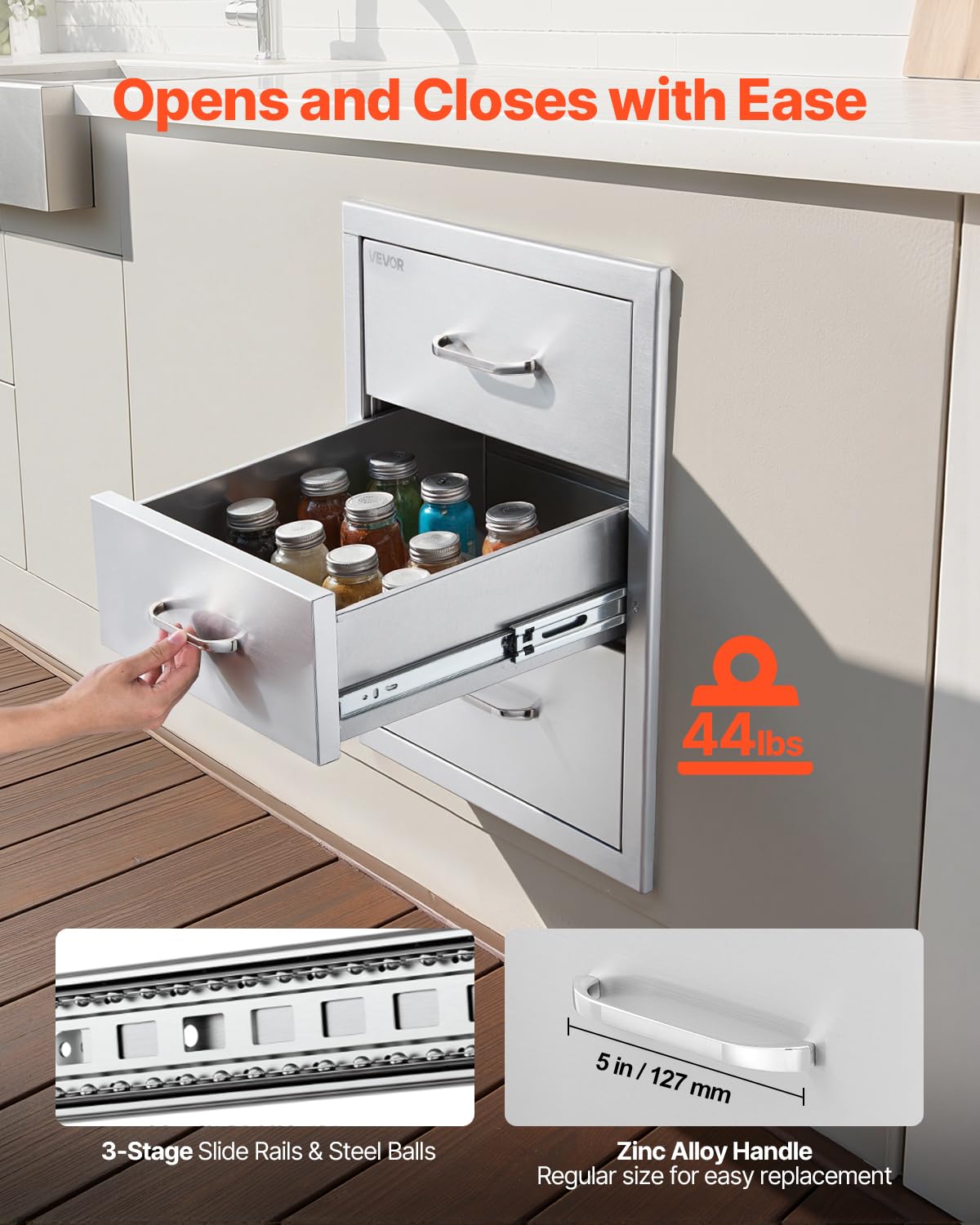 VEVOR Outdoor Kitchen Cabinets 18.11"W x 23.23"D x 23.23"H, Triple-Access Stainless Steel BBQ Drawers with Handles, BBQ Island Drawer for Outdoor Kitchens, Barbeque Island Patio Grill Station