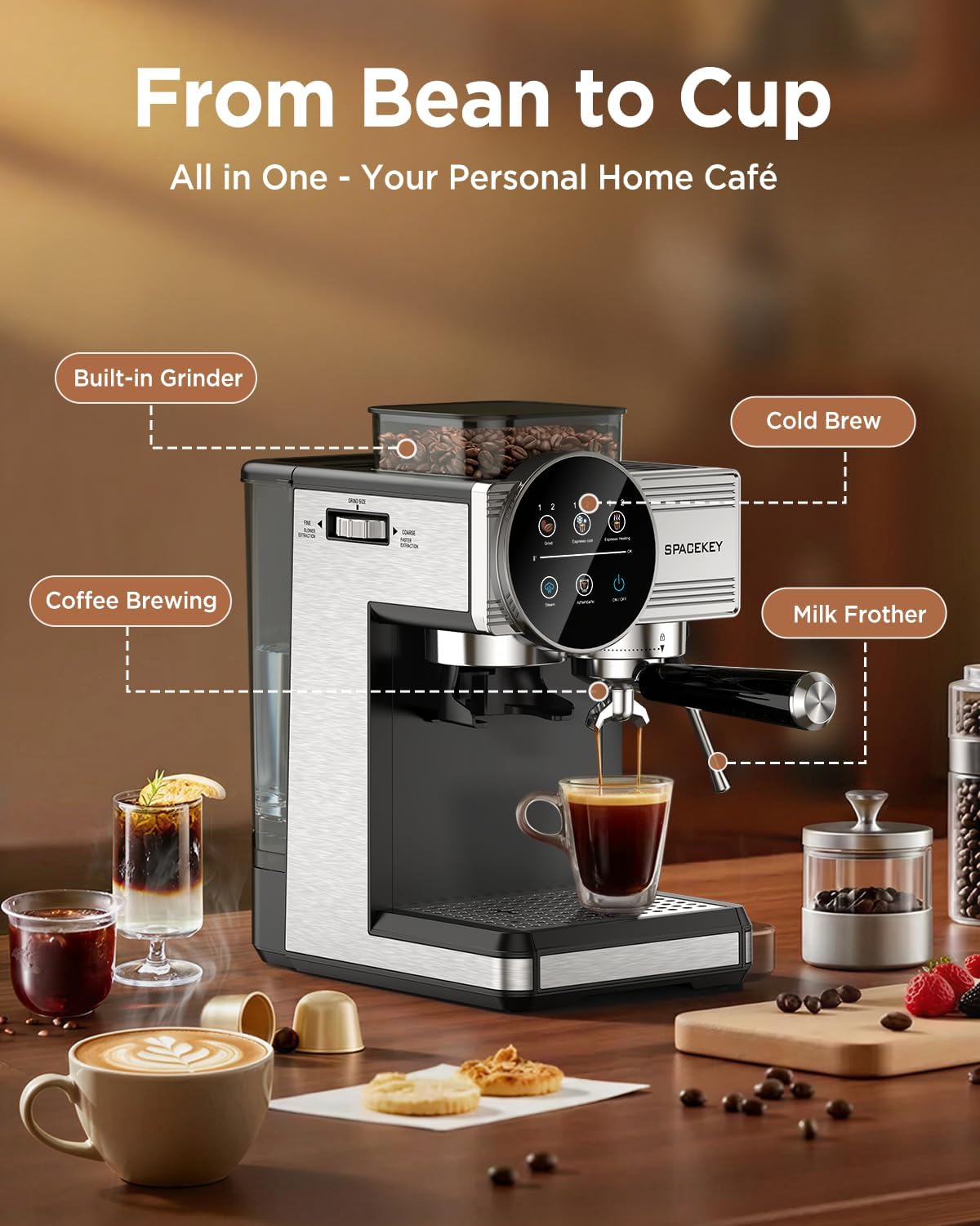 Spacekey Espresso Coffee Machine with Grinder, Milk Frother, Cold Brew, 20 Bar