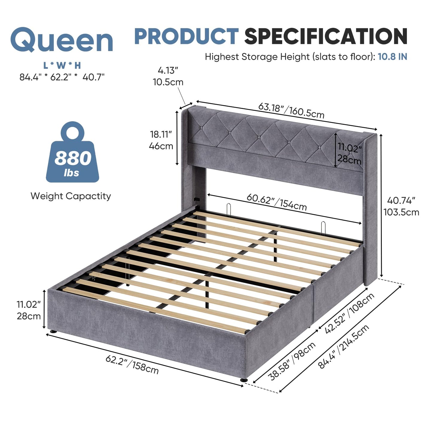 DUMOS Queen Size Lift Up Storage Bed with Modern Wingback Headboard, Hydraulic Support Fabric Upholstered Platform Bed, Wood Slats Support, Underbed Storage, No Box Spring Needed, Grey