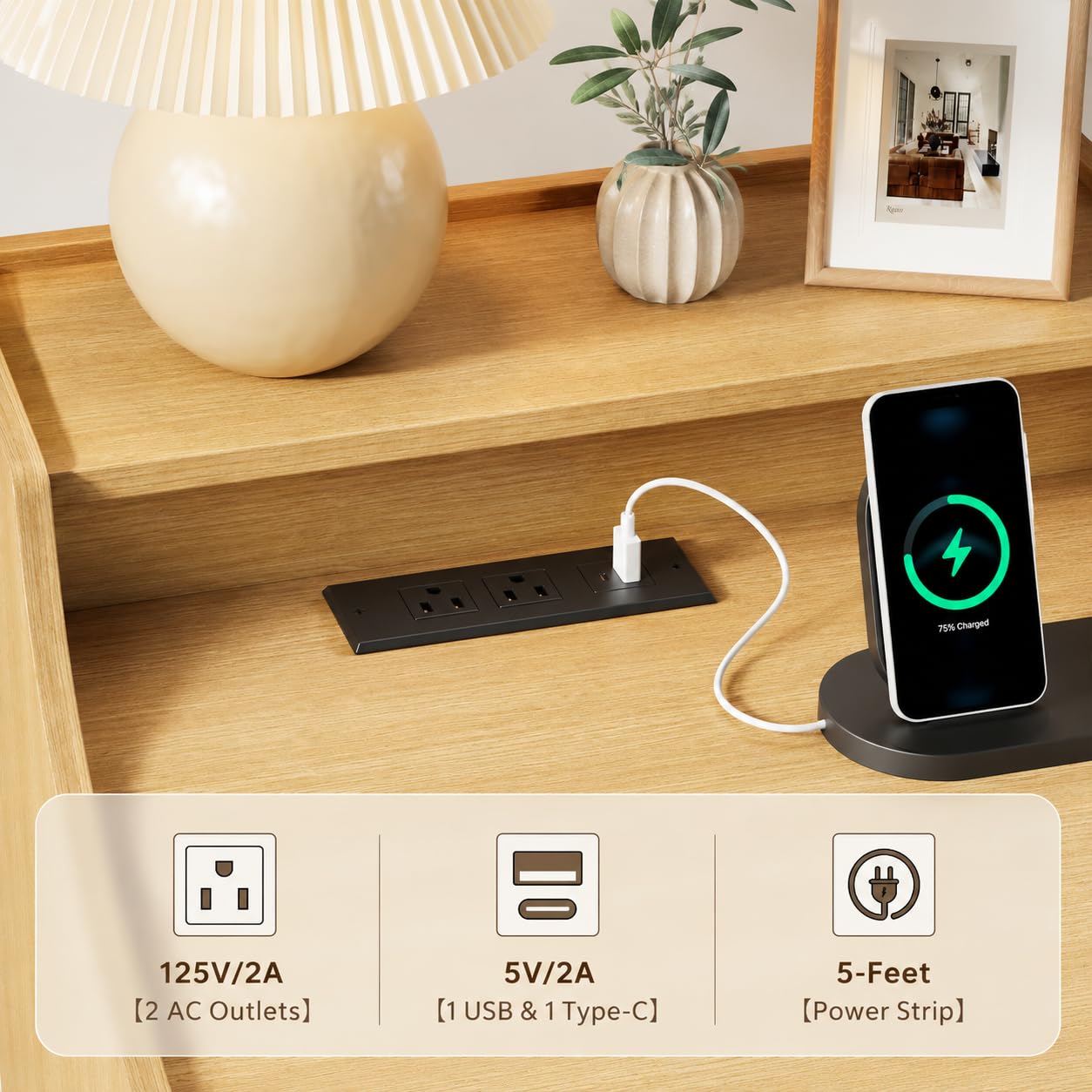 Einhomn Nightstand Set of 2 with Charging Station & LED Light, Fluted Beside Table with Drawer & Transparent Storage, Side Table for Living Room, Narrow Bedside Table for Bedroom Small Space, Natural
