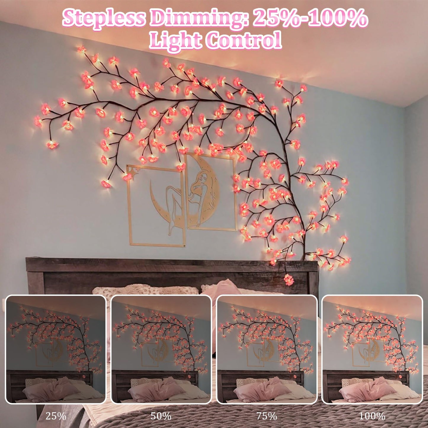 FIALAME DIY Cherry Blossom Lights, 5.91FT, 96 LED, Remote Timer, 8 Light Modes, Resin, Pink Decor for Bedroom and Christmas