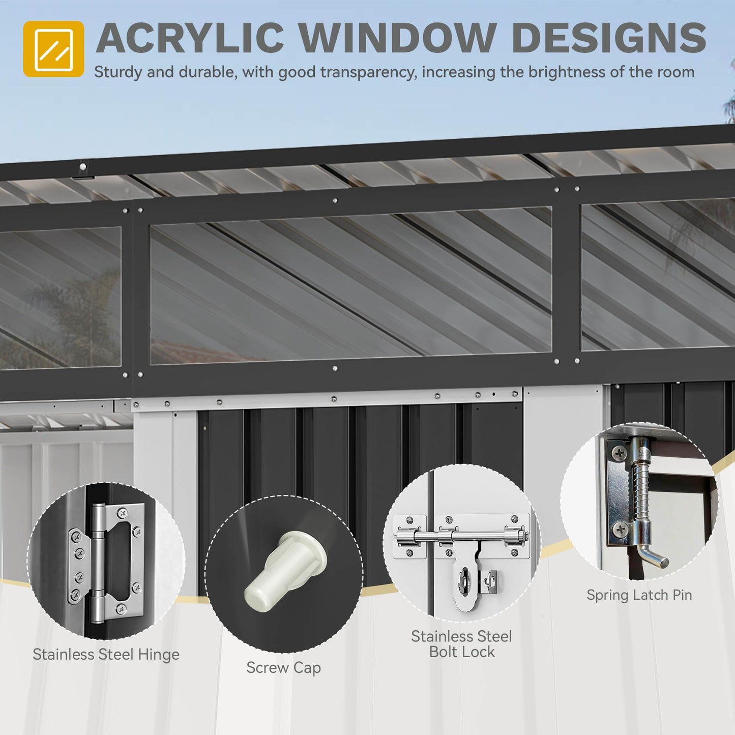 DWVO 9x4 FT Outdoor Storage Shed with Acrylic Windows, Utility Tool Shed Metal Storage Garden Shed with Door & Lock for Bike Storage, Waterproof Trash Shed for Backyard Garden Patio, Dark Dray