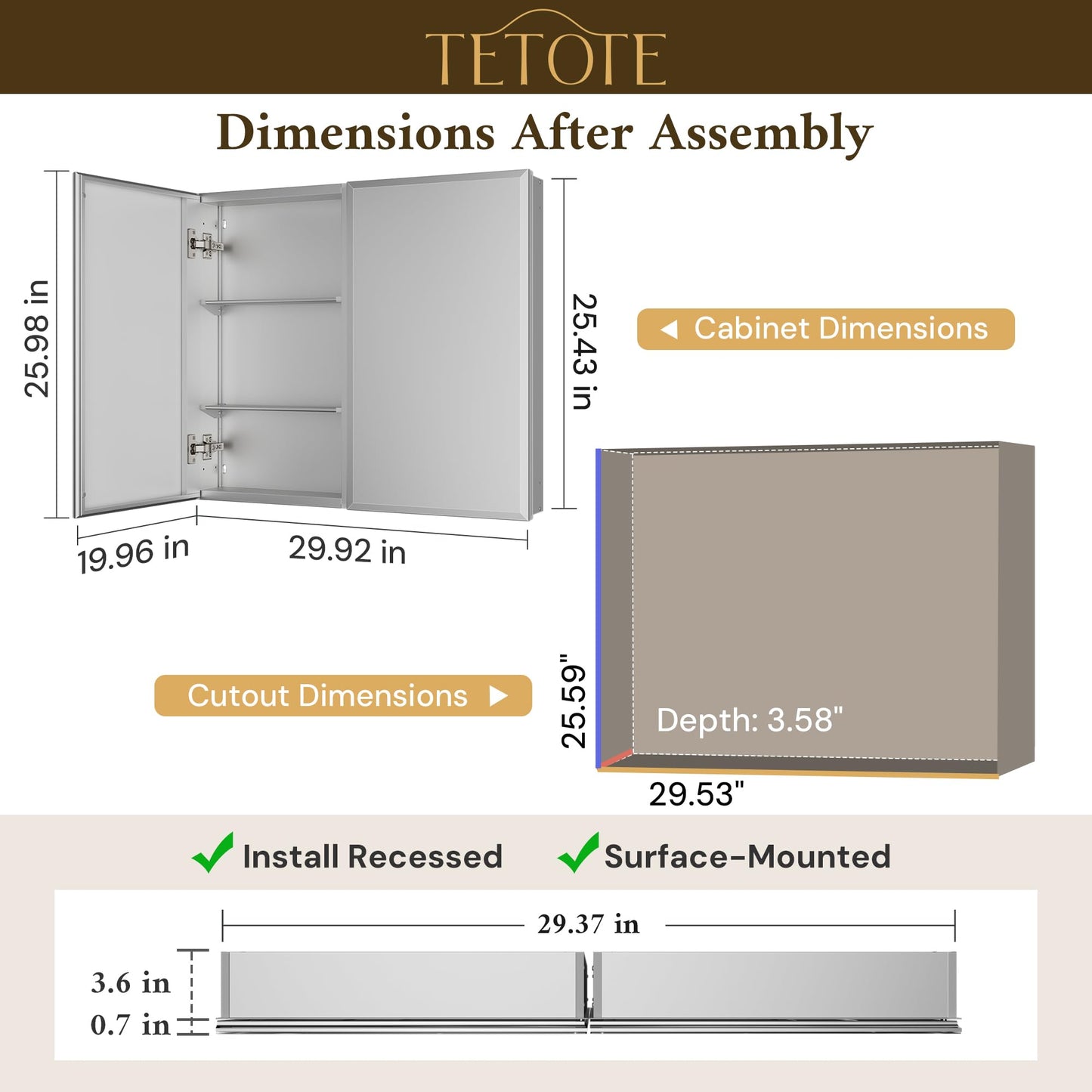 TETOTE 30 x 26 Bathroom Mirror with Storage with Tempered Beveled Mirror Silver Medicine Cabinet Aluminum Cabinet DTC Hinges, Stepless Adjustable Shelves, Recessed/Surface-Mounted