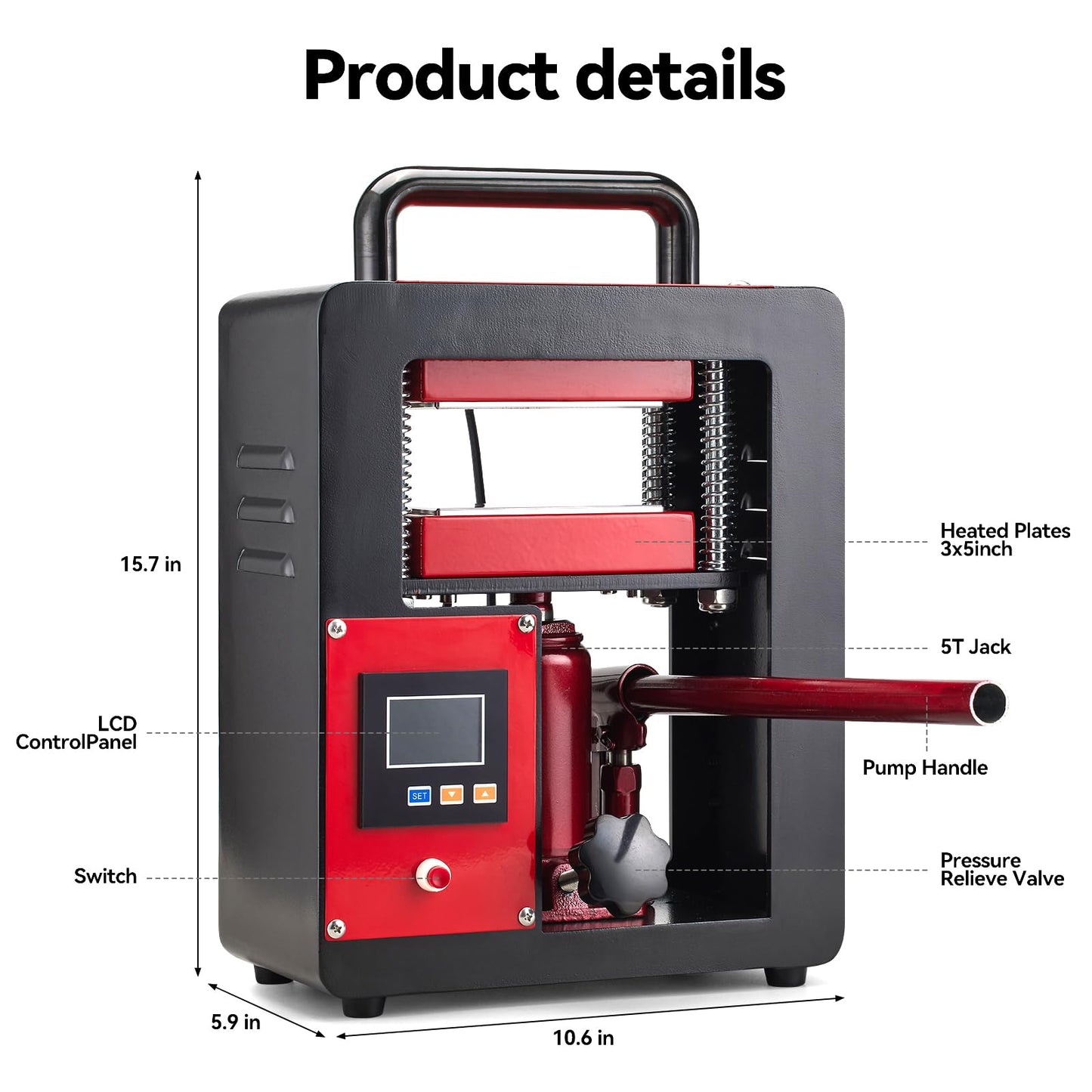D9A91 5 Ton Portable Hydraulic Heat Press Machine 2.3 x 4.7 Inch Dual Heating Plate, red/black