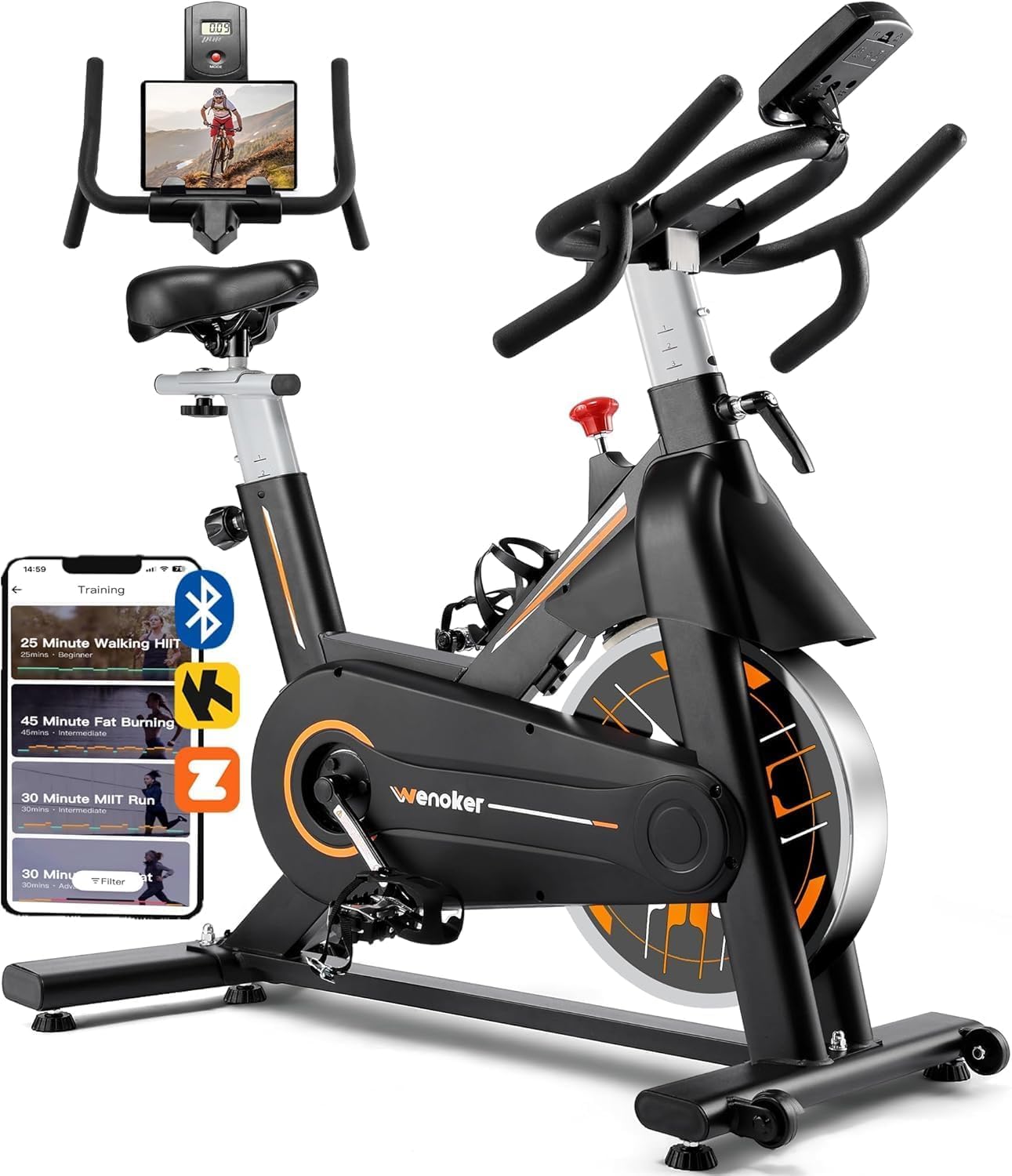 Exercise Bike, Wenoker Stationary Bike for Home, App Supported Indoor Bike with Adjustable Seat and Multi-grips Handlebar, Transport Wheels and Fitness Courses for Weight Loss[Orange]