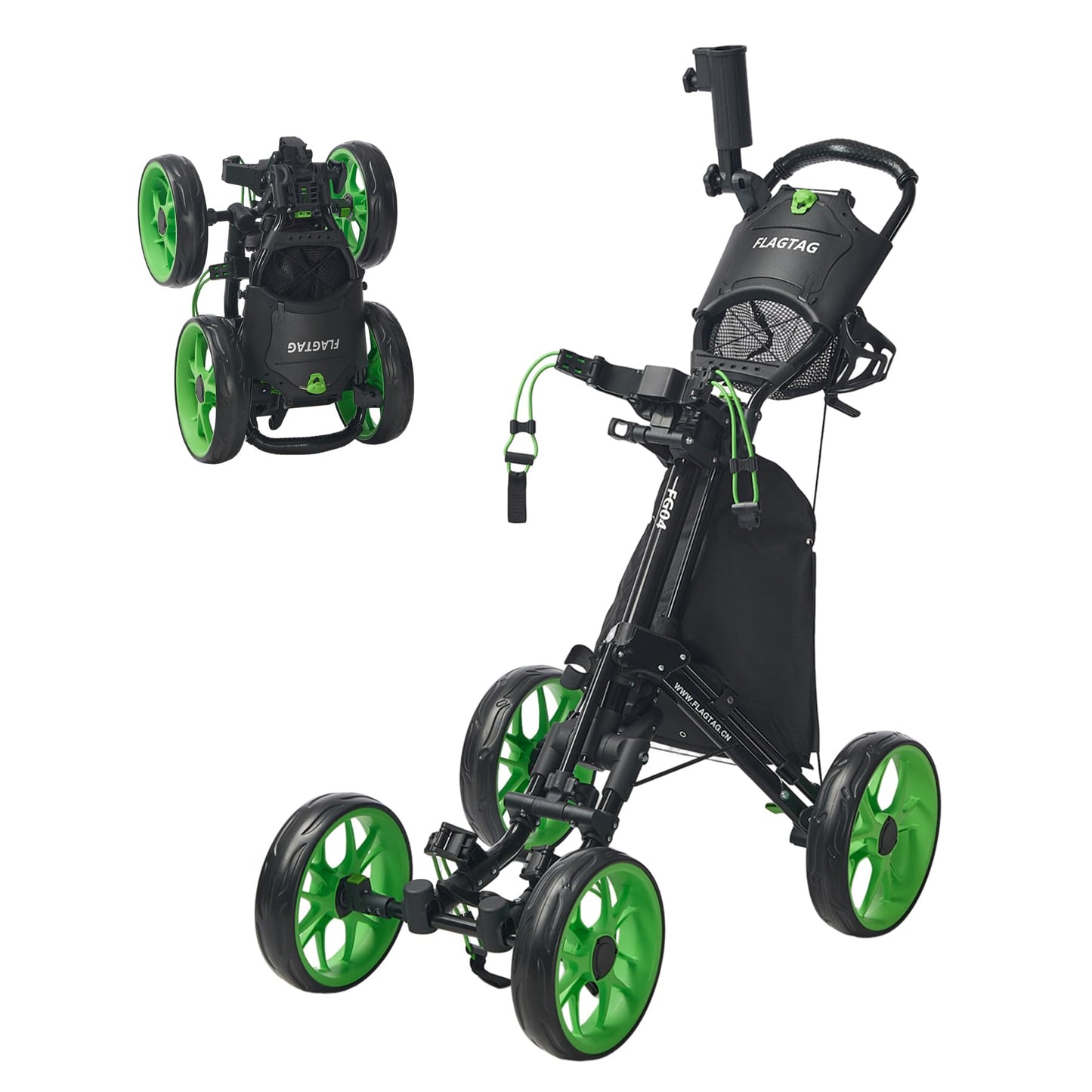 FLAGTAG Golf Push Cart 4-Wheels,Folding Golf Cart, Golf Pull cart with Cup Holder,Umbrella Holder,Cooler Bag, Foldable with one-Click,Handle Height Adjustable,Drink Holder,Walking Push cart