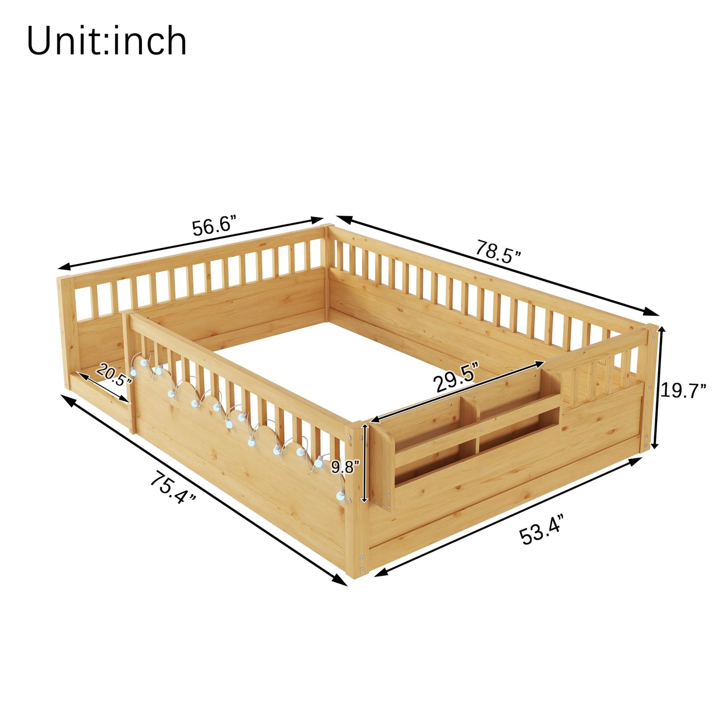 KEIKI Full Size Floor Bed w/Light & Storage, Wood Montessori Platform Bed Frame w/Safety Rails, Space Saving Kids Beds for Boys Girls Bedroom Playing Room, Easy Assembly Bedframe, Noise Free, Brown