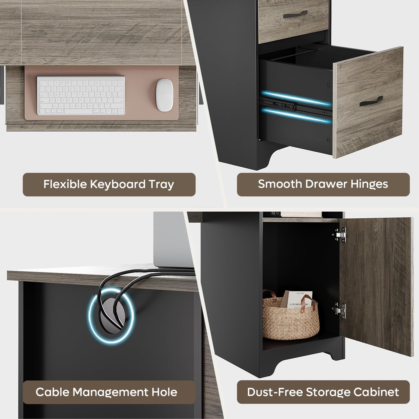 Bestier 59”Executive Desk with 2 Drawers,Computer Desk with Storage Cabinet,Industrial Wood Desk with File Drawer,Keyboard Tray & 2 Pedestals for Home Office & Studio,Gray