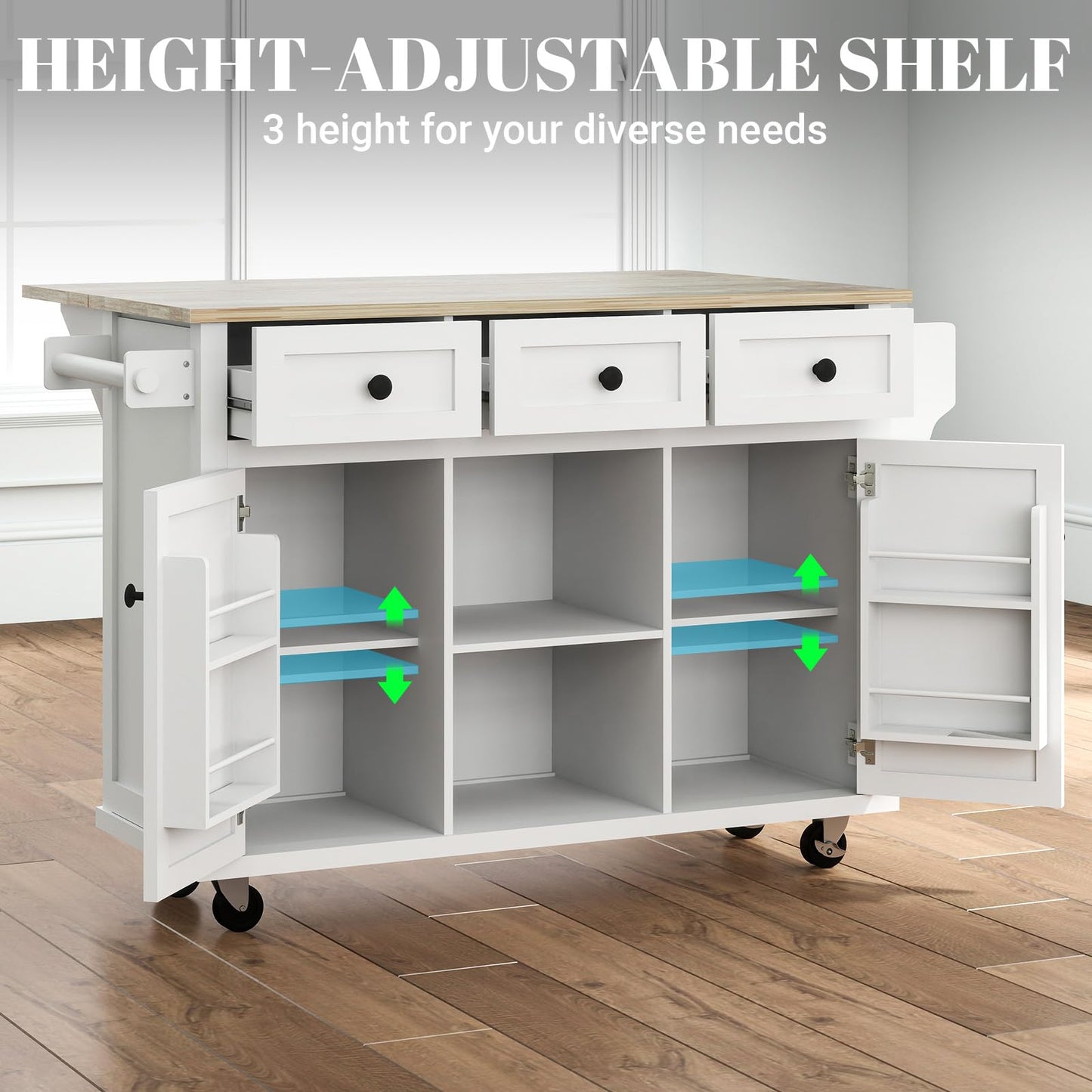 Rovibek Kitchen Island with Drawers 53 in Rolling Island Cart Mobile Portable Islands on Wheels Solid Wood Island with Storage Cabinet & Drawers, Bright White