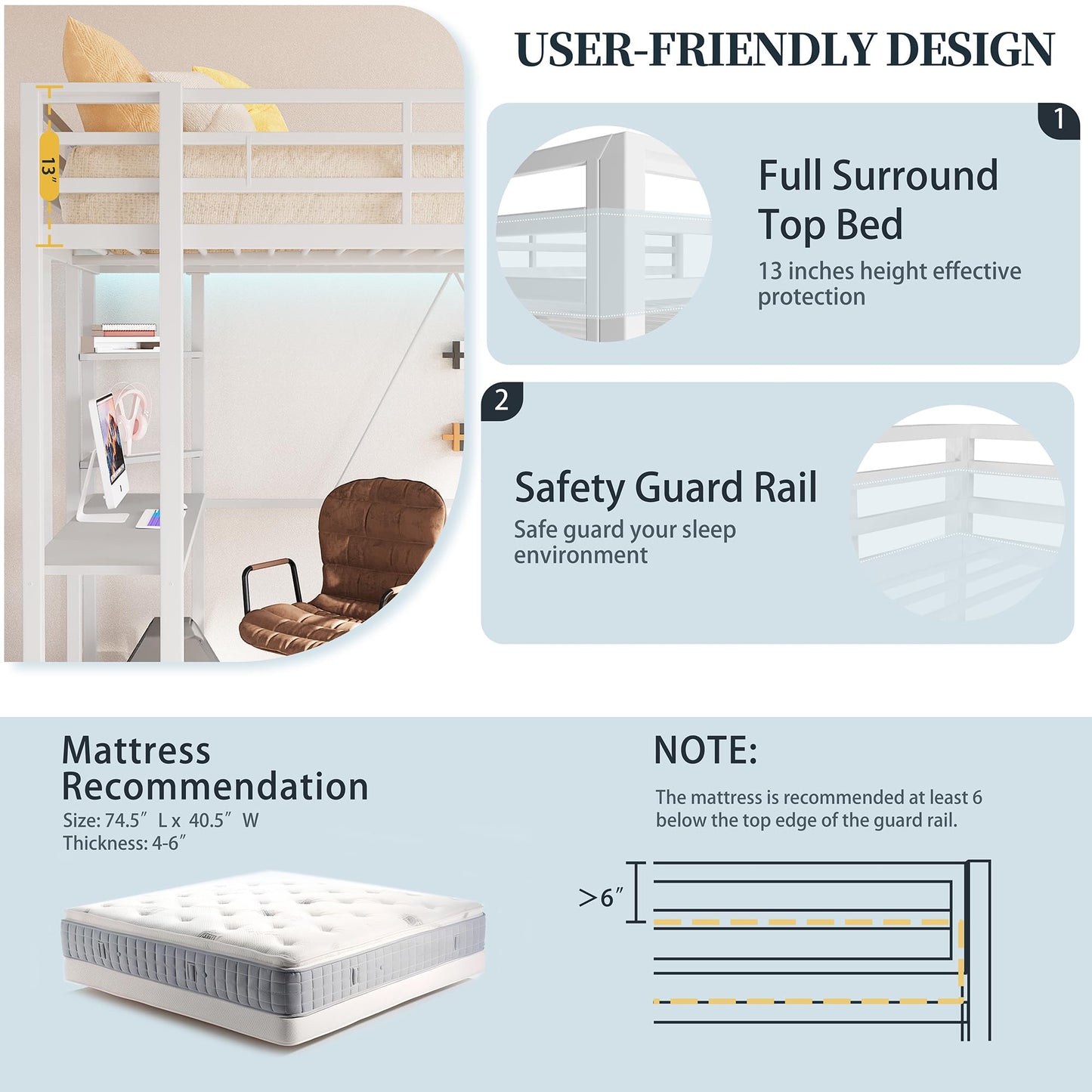 SUNLEI Metal Twin Loft Bed with Desk, Twin Size Loft Bed with 2 Built-in Ladders & Safety Guard, Noise Free for Small Bedroom, Matte White