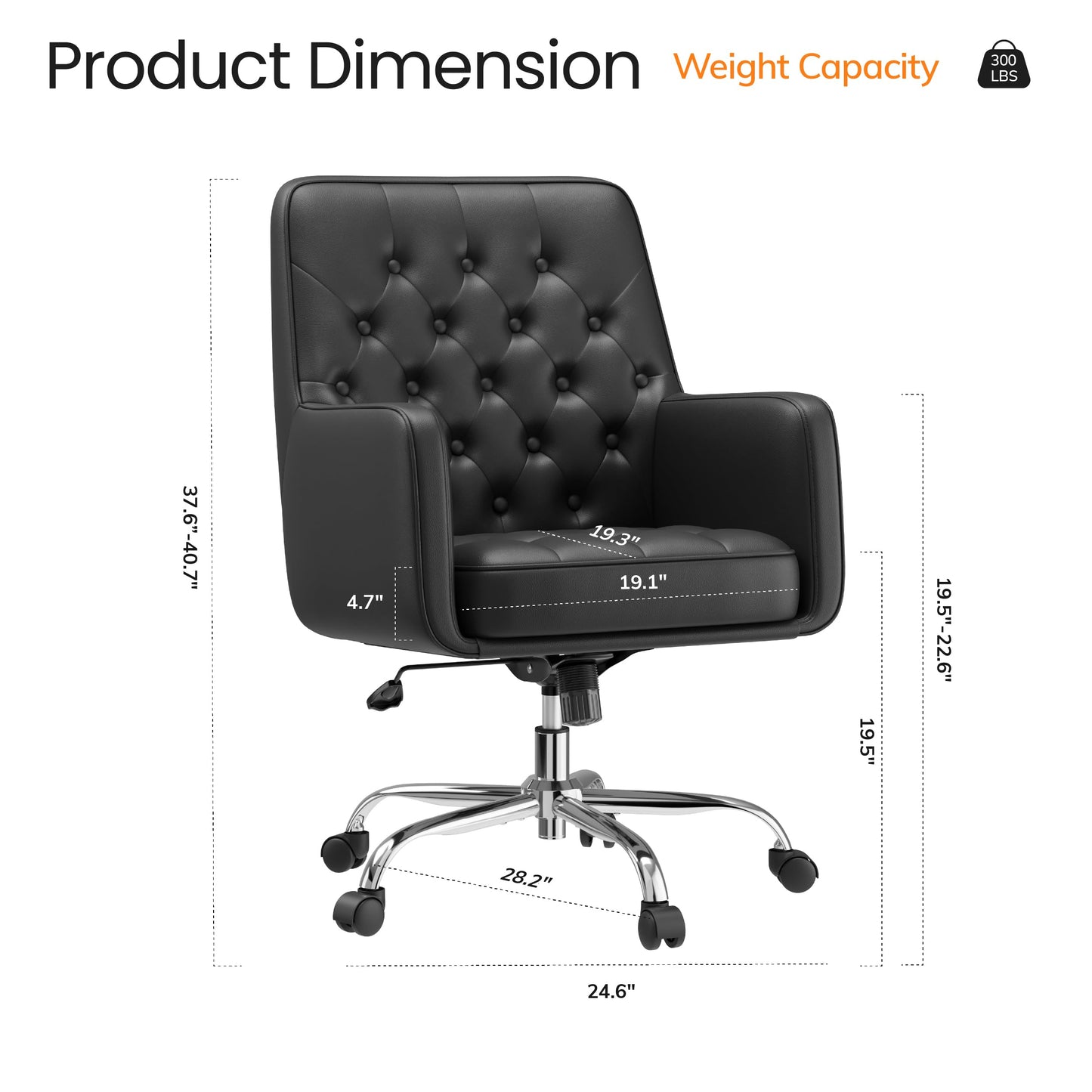 COLAMY Verso Home Desk Chair with Armrest, Leather Swivel Office Chair Adjustment Height with Wheels, Comfortable Padded Seat, Black