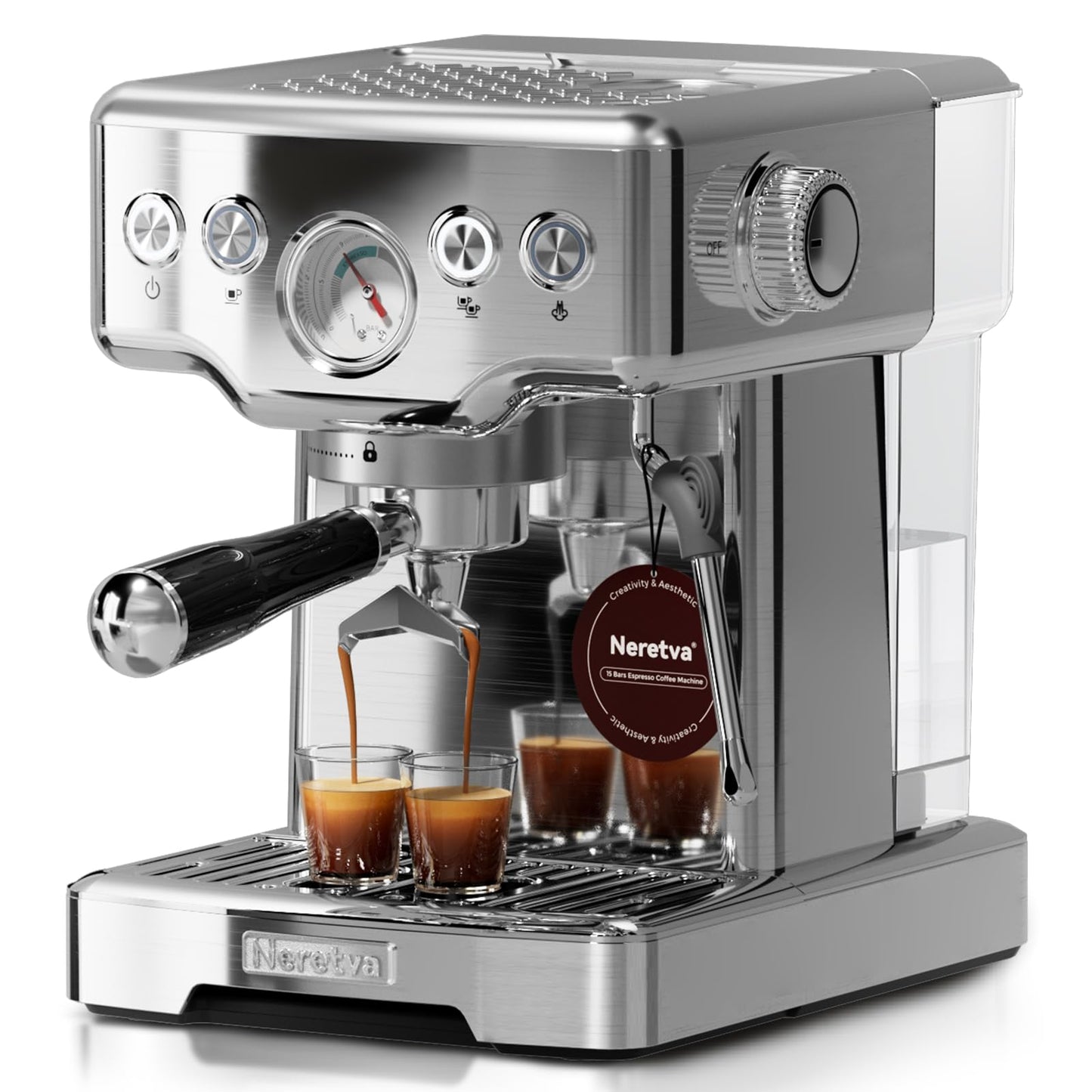 Neretva Espresso Machine, 15 Bar Espresso Coffee Machine with Visible Pressure Guage Professional Espresso Maker with Milk Frother & Stainless Steel for Home Barista Latte and Cappuccino Maker-Silver