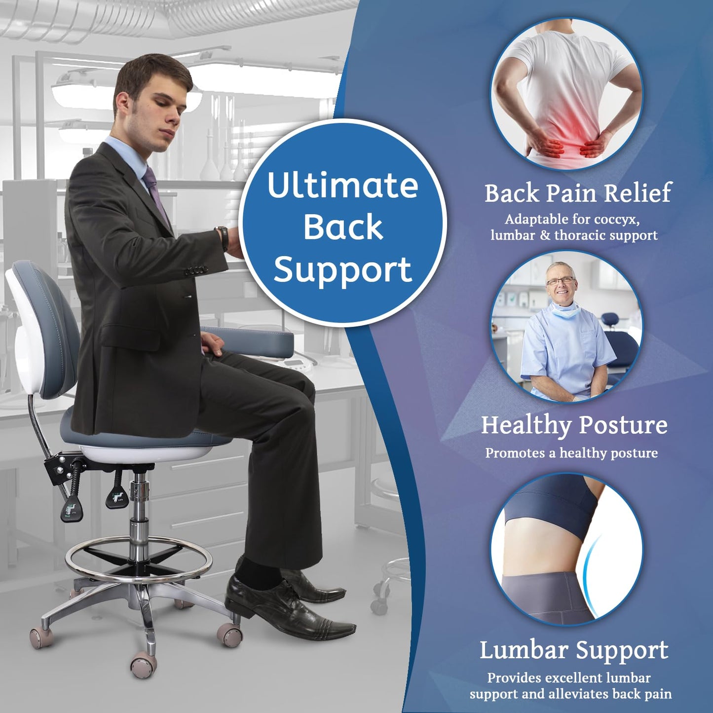 LIMKOMES Medical Dental Assistant Chair with Rotatable Armrest Rolling Medical Chair Ergonomic Swivel Seating Back Support Dentist Stool for Clinics, Dental Offices, Labs-Gray