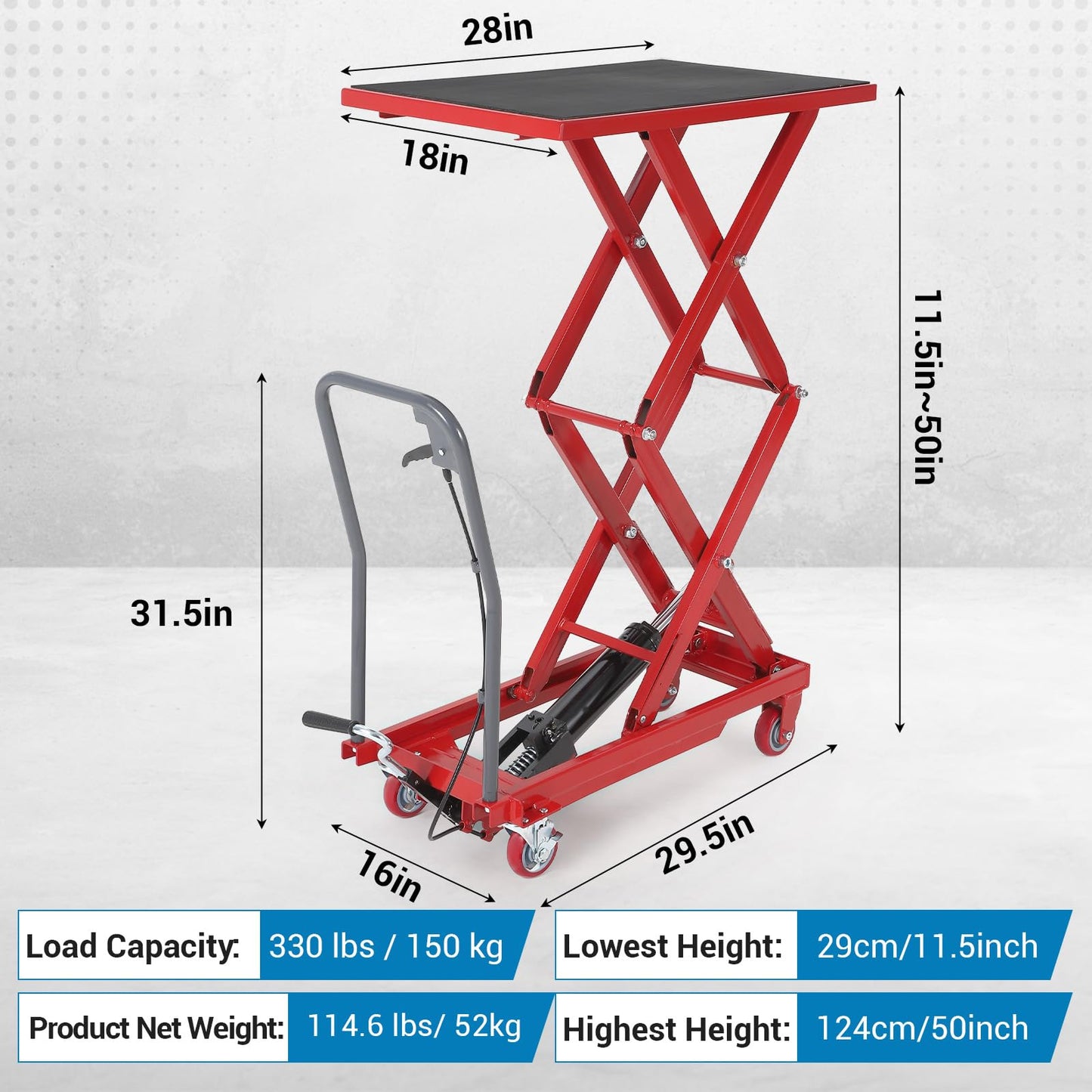 EliteEdge Hydraulic Lift Table Cart, 330lbs Capacity 50" Lifting Height Hydraulic Table Cart, Double Scissor Lift Table with Non-Slip Pad for Material Handling and Transportation, Red