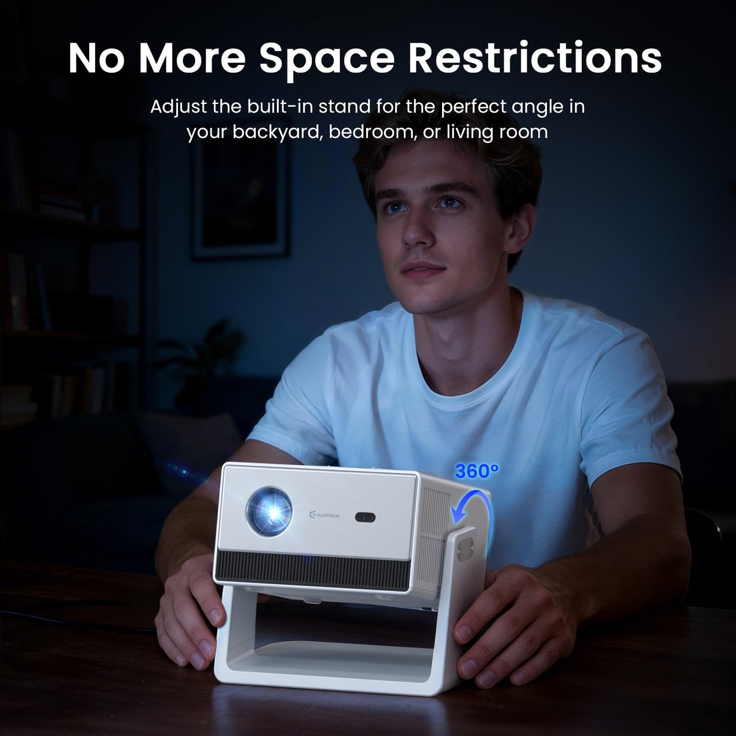 1500 ANSI Smart Projector, Portable Projector with WiFi and Bluetooth, HAPPRUN 4K Full HD Home Theater with 270° Stand, Dolby Sound, Built-in Apps,Compatible with Phone & PC, Indoor & Outdoor Use
